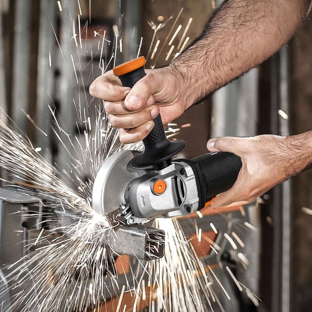 WORX Amoladora angular WX718 de 900 W. Amoladora compacta con mango ajustable y mango adicional sin vibraciones para lijar y cortar. Diámetro del disco de 125 mm. Velocidad de ralentí 12000/m