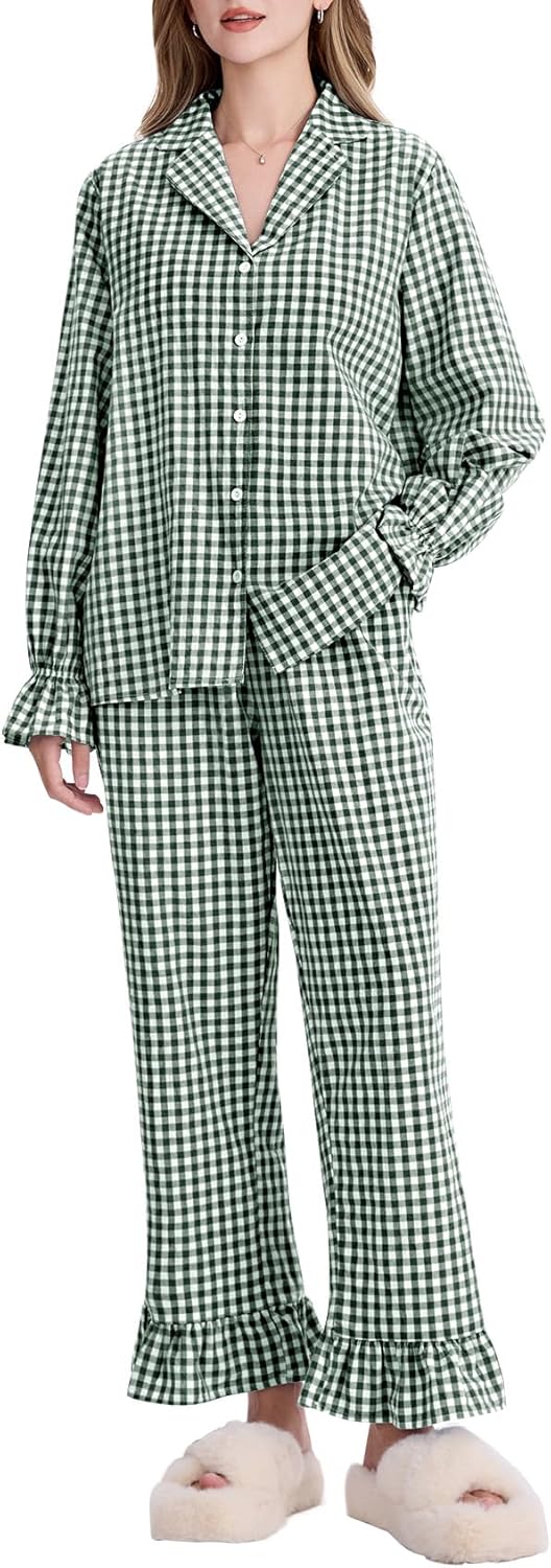 Kissonic Women Gingham Pajama Sets Cotton Long Sleeve Button Down Shirt and Pants Y2K Pjs Lounge Set Sleepwear