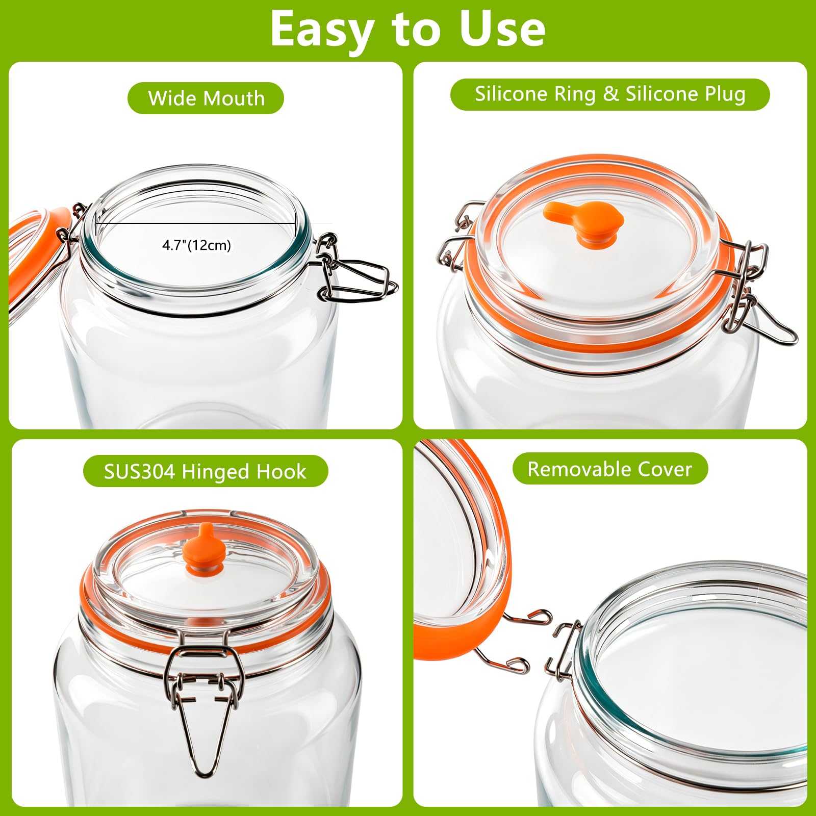 YBCPACK Lot de 2 grands bocaux de fermentation de 4 l pour kombucha, kimchi, kéfir – récipient Kimchi, large ouverture pour insertion, fermentation – Couvercle hermétique