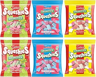 Squashie DrumStick Candies Variety Pack - 2 Pack Original Rasberry & Milk, 2 Pack Sour Cherry & Apple, and 2 Pack Bubble Gum Flavour - 120G (6 PACK BUNDLE) - Imported from UK