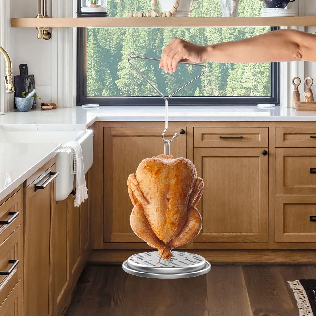 Perforated Turkey Chicken Poultry Deep Fryer Accessory Kit with Wire Handle Lifter Hook Vertical Roaster Holder Base
