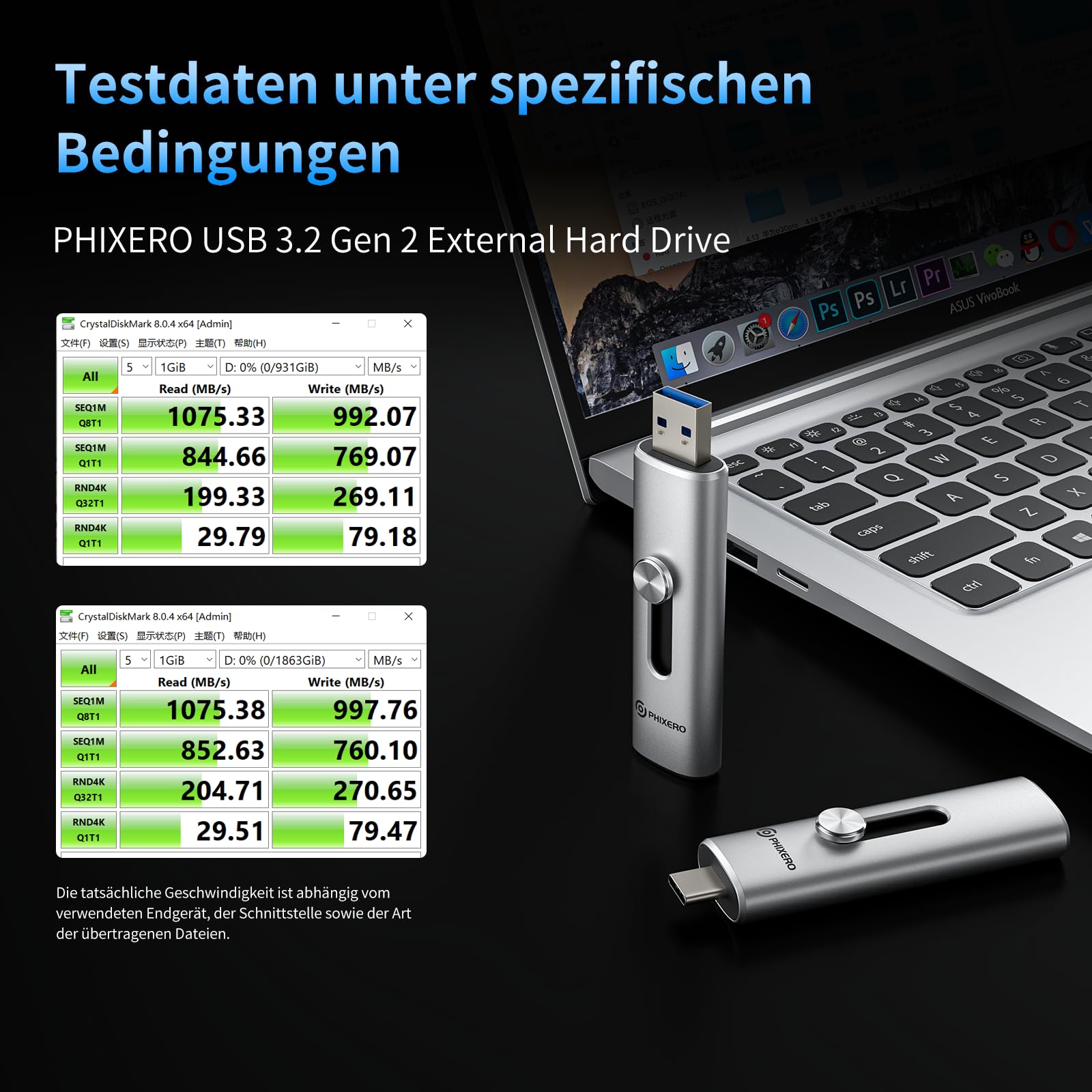 PHIXERO SSD externe 1 To, 1100 Mo/s, USB C Portable SSD pour iPhone 16/ordinateur portable/Mac