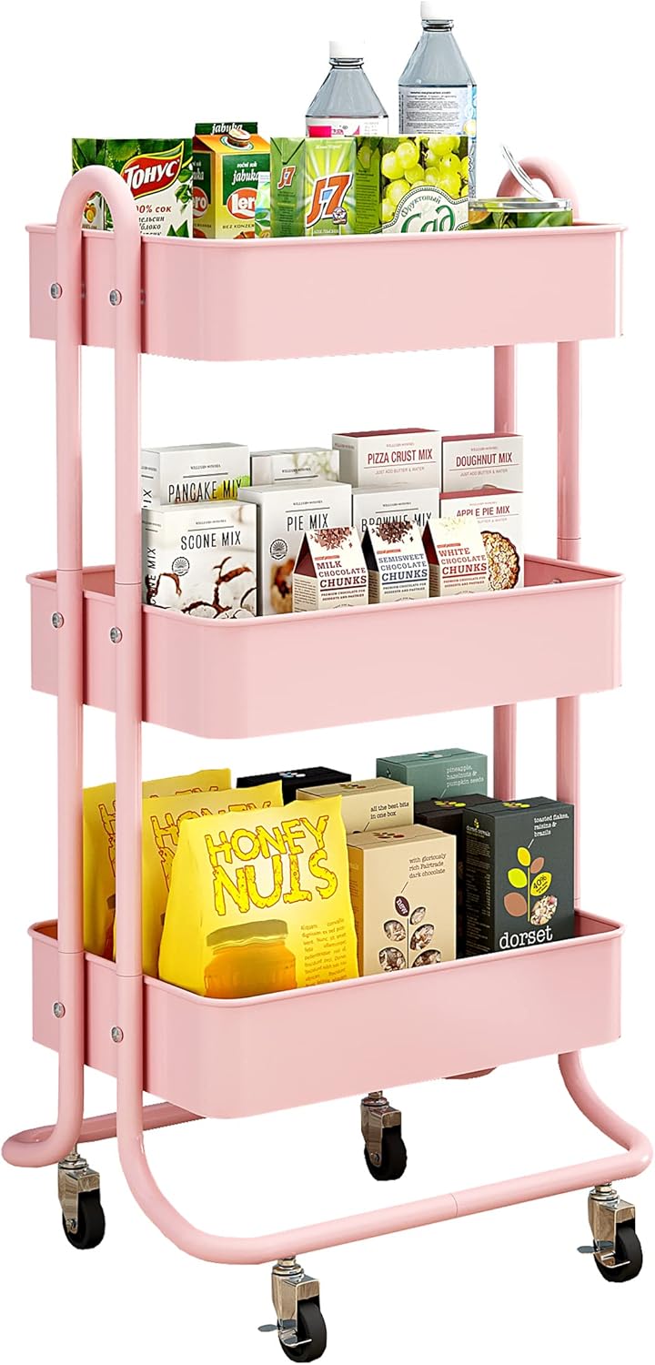 MURRI&MURRDI Fruit Vegetable Storage Basket, 3 Tier Stackable Wire Storage Baskets with Wheels Produce Organizer Bins Rack Storage Cart for Pantry Kitchen Storage Cart with Top（3 Layer E Pink）