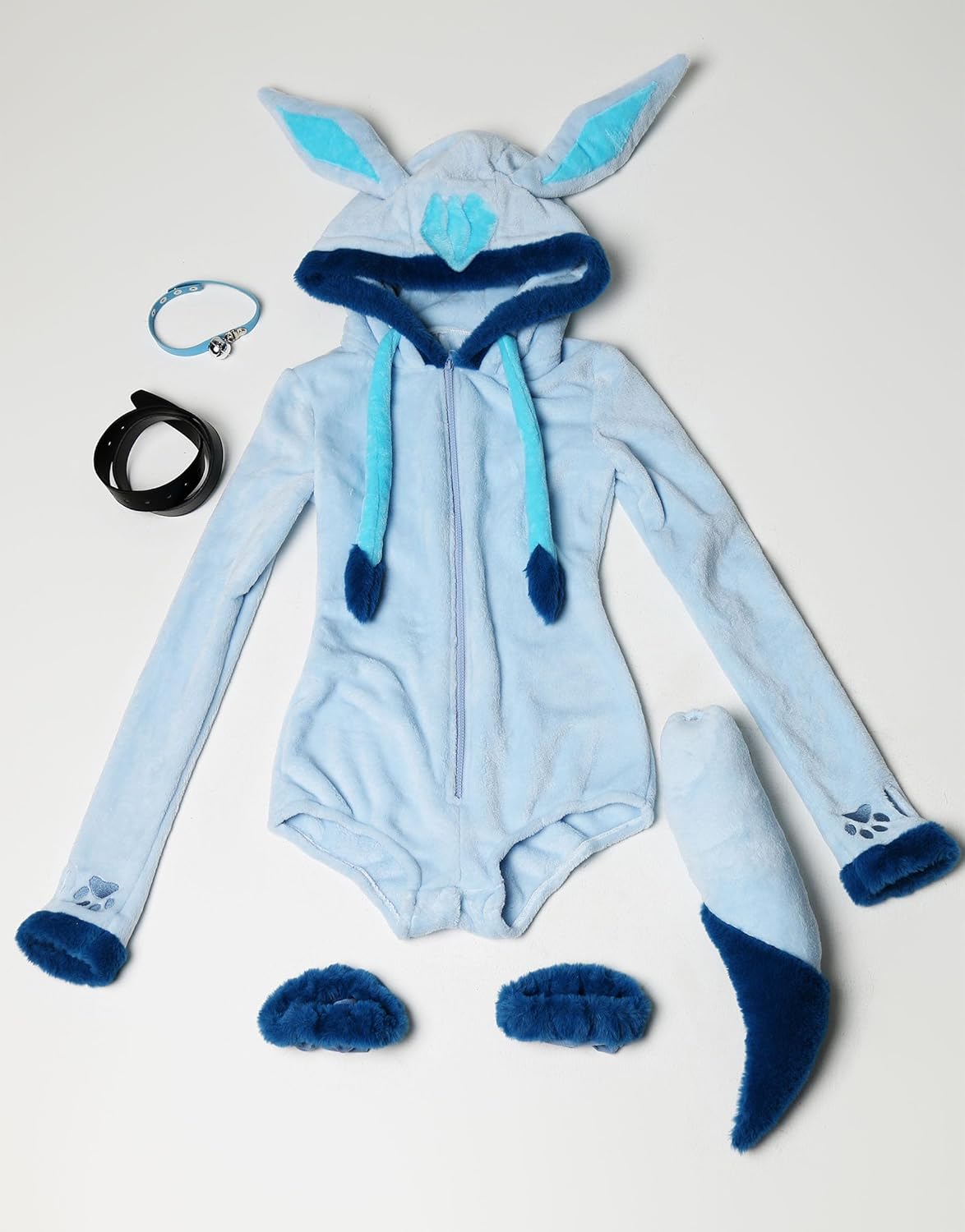 Mobbunny Women Cartoon Anime Style Romper Fuzzy Onesie Pajama Blue Loungewear Fluffy Hooded Homewear Short Jumpsuit - Image 6