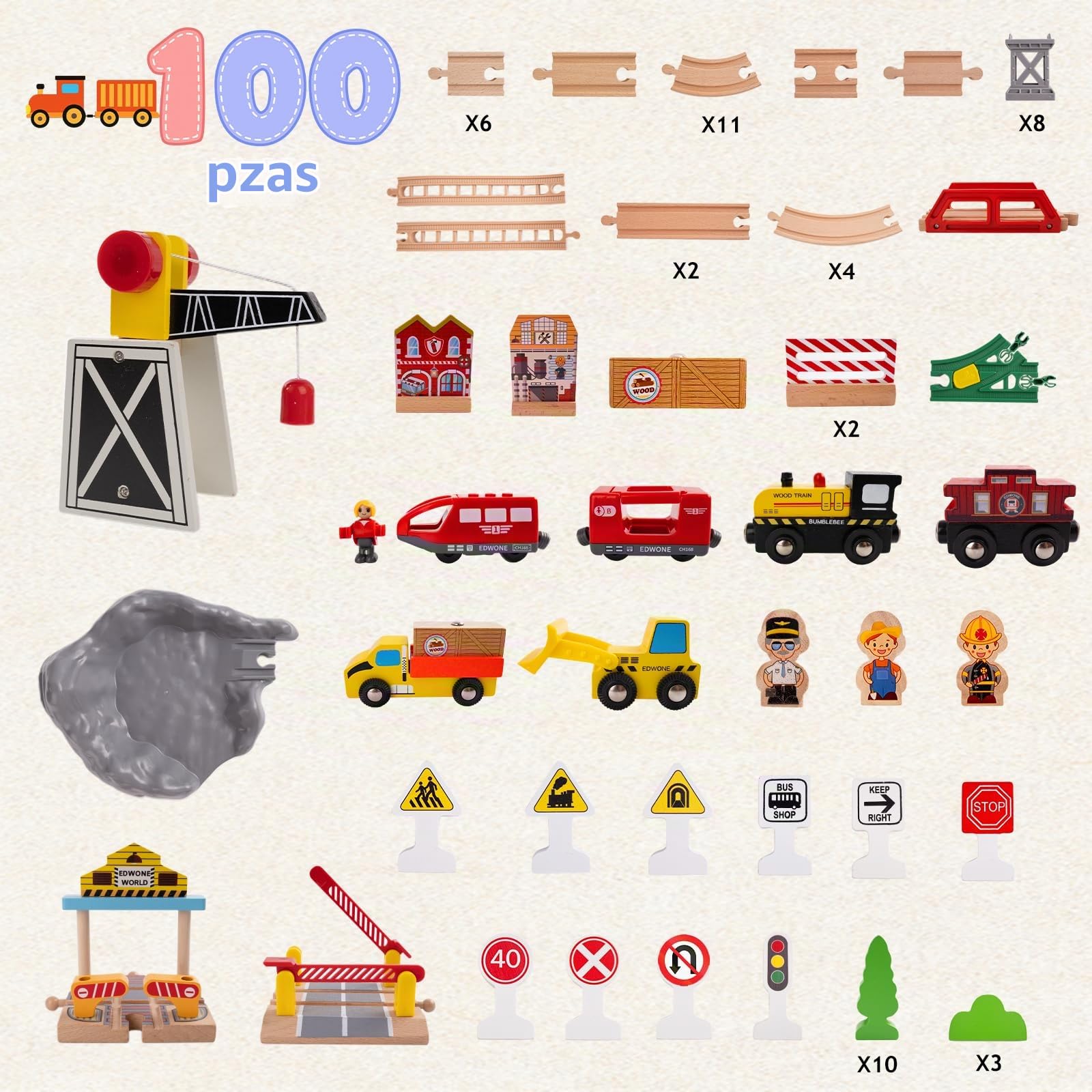 Tren de Madera para Niños, 100 Piezas Pistas de Tren Madera, con Tren Eléctrico y Grúa Magnética, Tren Juguetes Regalos de Cumpleaños y Navidad para Niños y Niña de 3+ Años