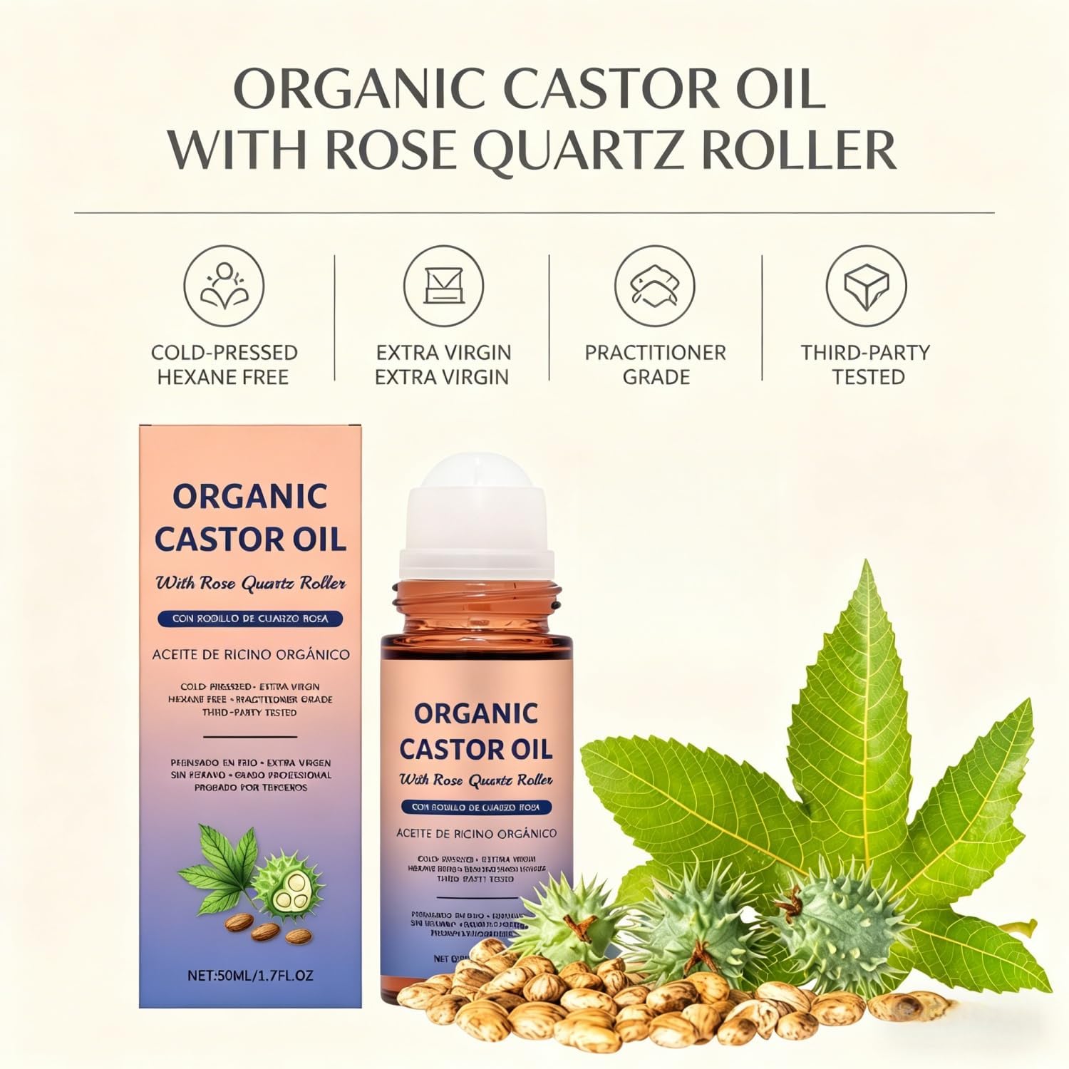 Organic Castor Oil with Rose Quartz Roller, Pure Organic Cold-Pressed Castor Essential Oil Roller Ball,Deep Hydration & Smoothing, Suitable for All Skin Types (1) — view 2