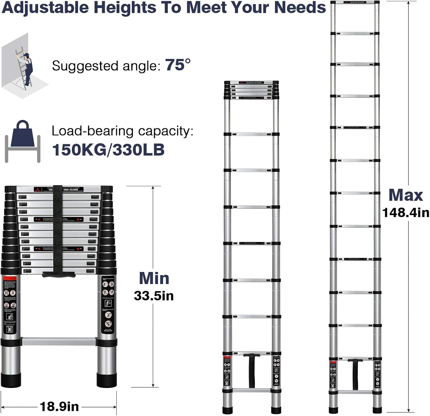 augtarlion Aluminum Telescoping Extension Ladder 12.5 FT, Folding Telescopic Ladder with Locking Mechanism, Multi-Purpose Collapsible Ladders for Home Or Outdoor, RV Ladder, Heavy Duty 330 lbs Load - - 