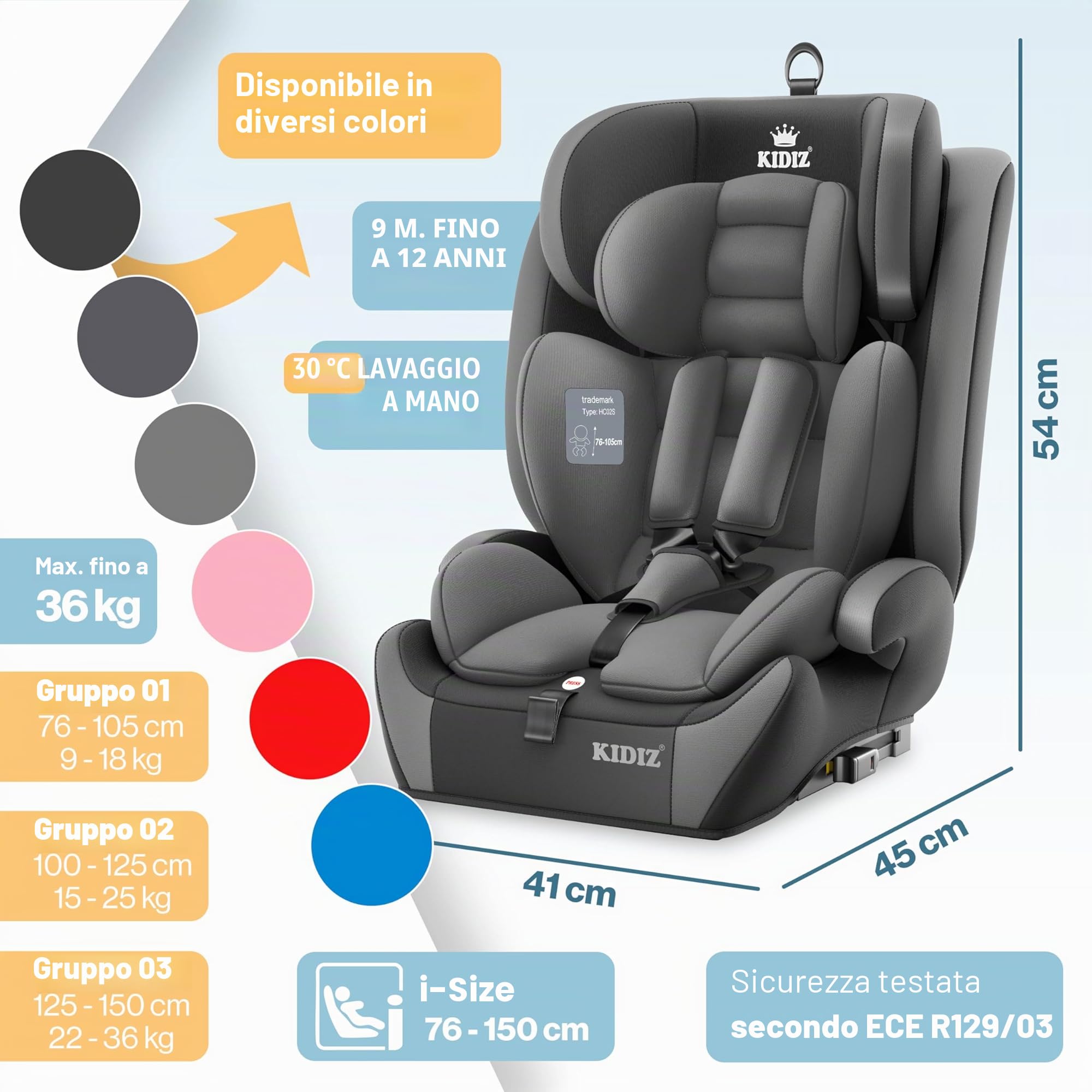 KIDIZ Seggiolino auto per bambini con Isofix, gruppo 1 + 2 + 3, 9 – 36 kg, cintura di sicurezza a 5 punti, seggiolino auto, seggiolino auto, poggiatesta regolabile, rialzo per 1 – 12 anni, stabile e