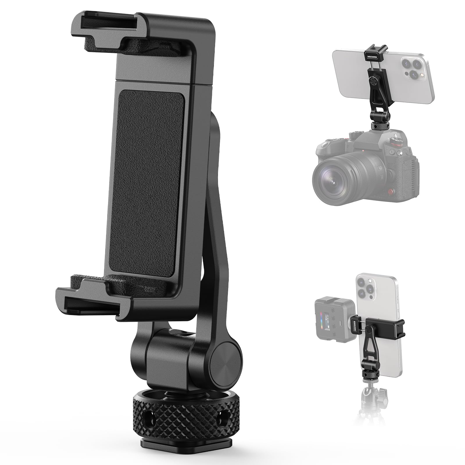NEEWER Supporto Telefono da Treppiede in Metallo con Cold Shoe, Filettatura 1/4", Incl.180°,Rot.360°, Supporto Smartphone per Cavalletto Compatibile con iPhone 15 Pro Max S24 Ultra Camera Cage, GA010