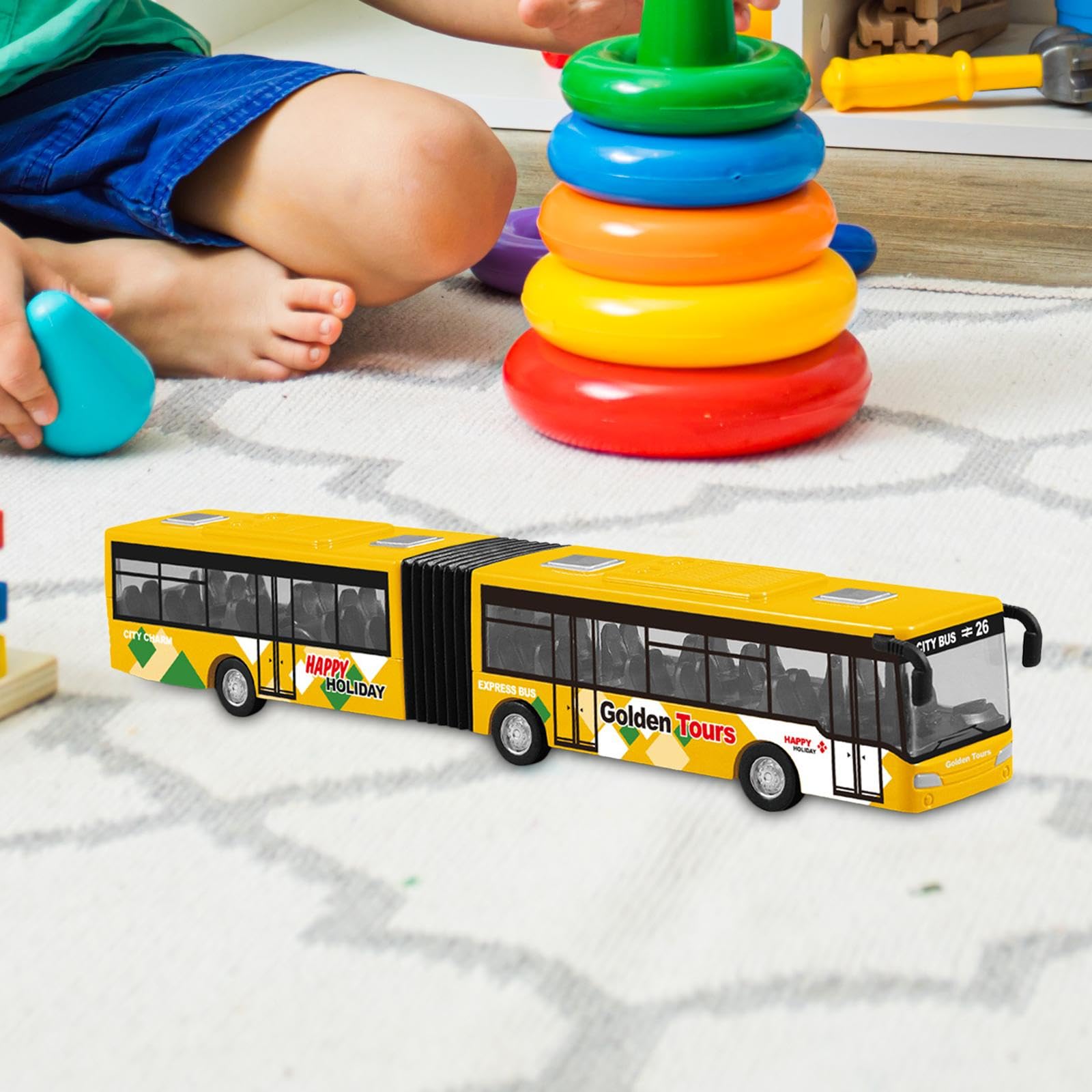 Pull Back Gelenkbus Diecast Fahrzeug Aus Metall mit Detailgetreuen Sitzen für Kinder für Sammeln Dekoration Rollenspiele, Orange