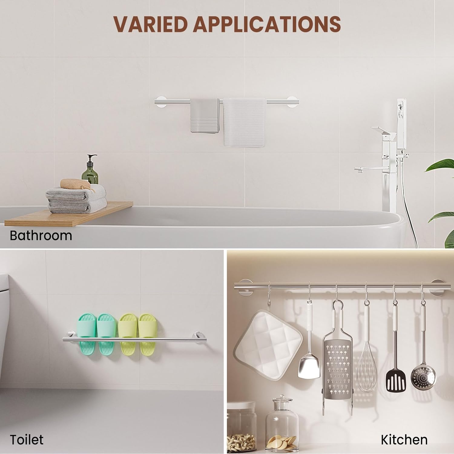 2 Pieces Polished Chrome Towel Racks for Bathroom, with 10 PCS Hooks, 24'' SUS304 Stainless Steel Towel Bar for Bathroom Wall Mounted, Double Towel Racks for Bath,Kitchen, Laundry Room