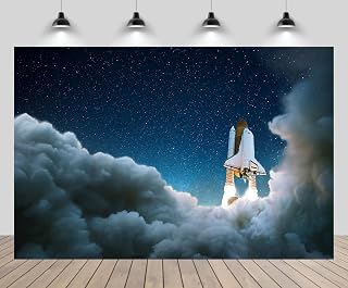9x6ft Rocket Launch Backdrop Spacecraft Takes Off Starry Sky Space Shuttle Space Mission Background Baby Shower Astronaut Birthday Party Decor Adult Kid Portrait Photo Booth Studio Prop