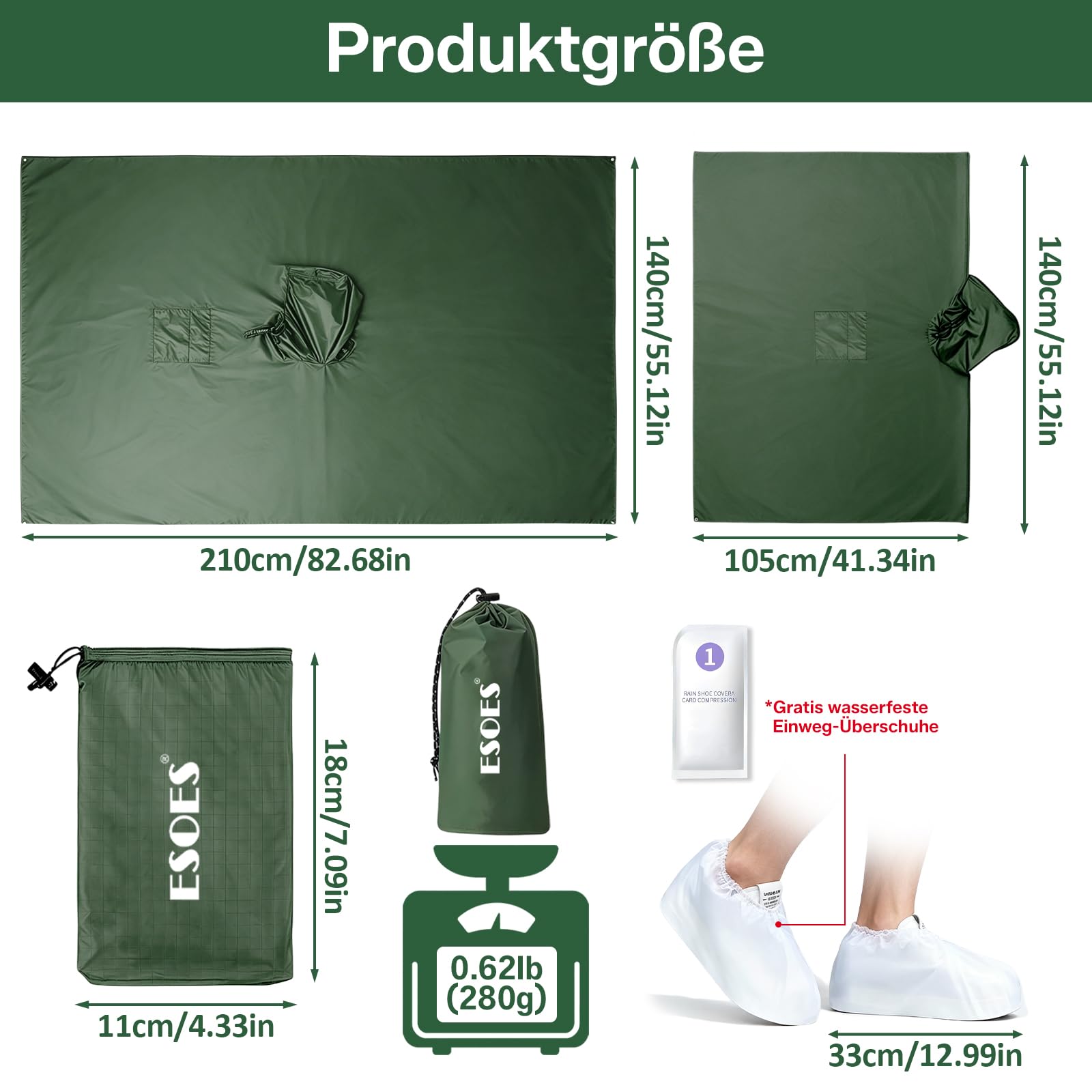 Esoes Poncho impermeable ligero hombre y mujer, chaqueta impermeable multiusos para actividades al aire libre con capucha, bolsa plegable y cubrezapatos