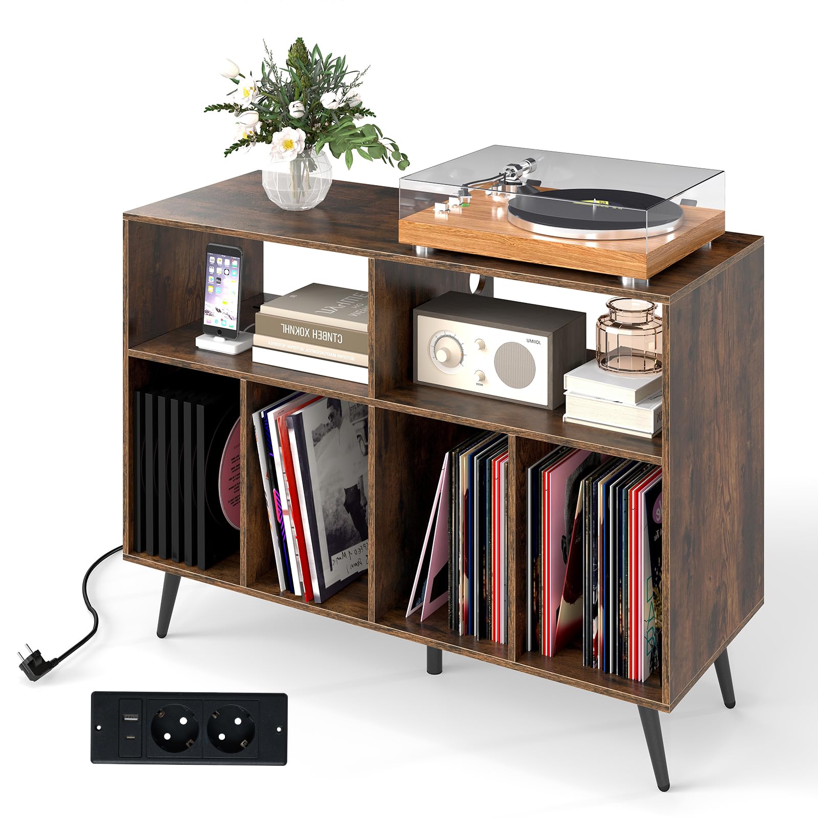 KOMFOTTEU Meuble Platine Vinyle à 3 Niveaux, Support de Tourne-Disque avec 4 Compartiments & 2 Étagères Ouvertes, Meuble Tourne-Disque, 100 x 40 x 74,5 cm (Marron, avec Station de Recharge)