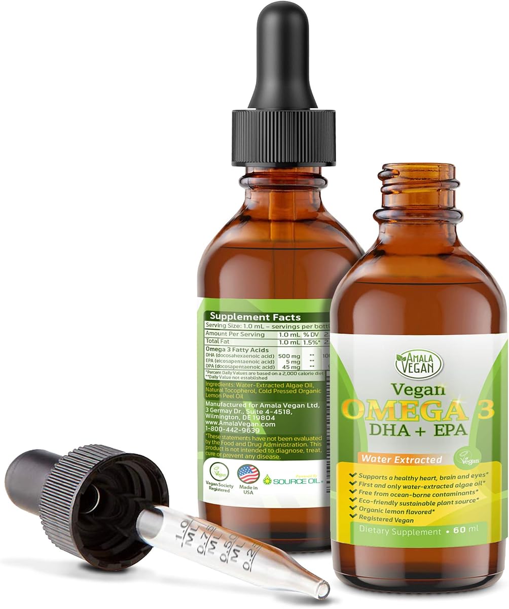 Amala Vegan Potent & Organic Vegan Omega 3 Liquid Supplement: Better Than Fish Oil! Plant Based Water Extracted Algae Oil- DHA EPA DPA Fatty Acids- Non GMO- Supports Immune, Heart, Brain & Joint Health-60 Doses