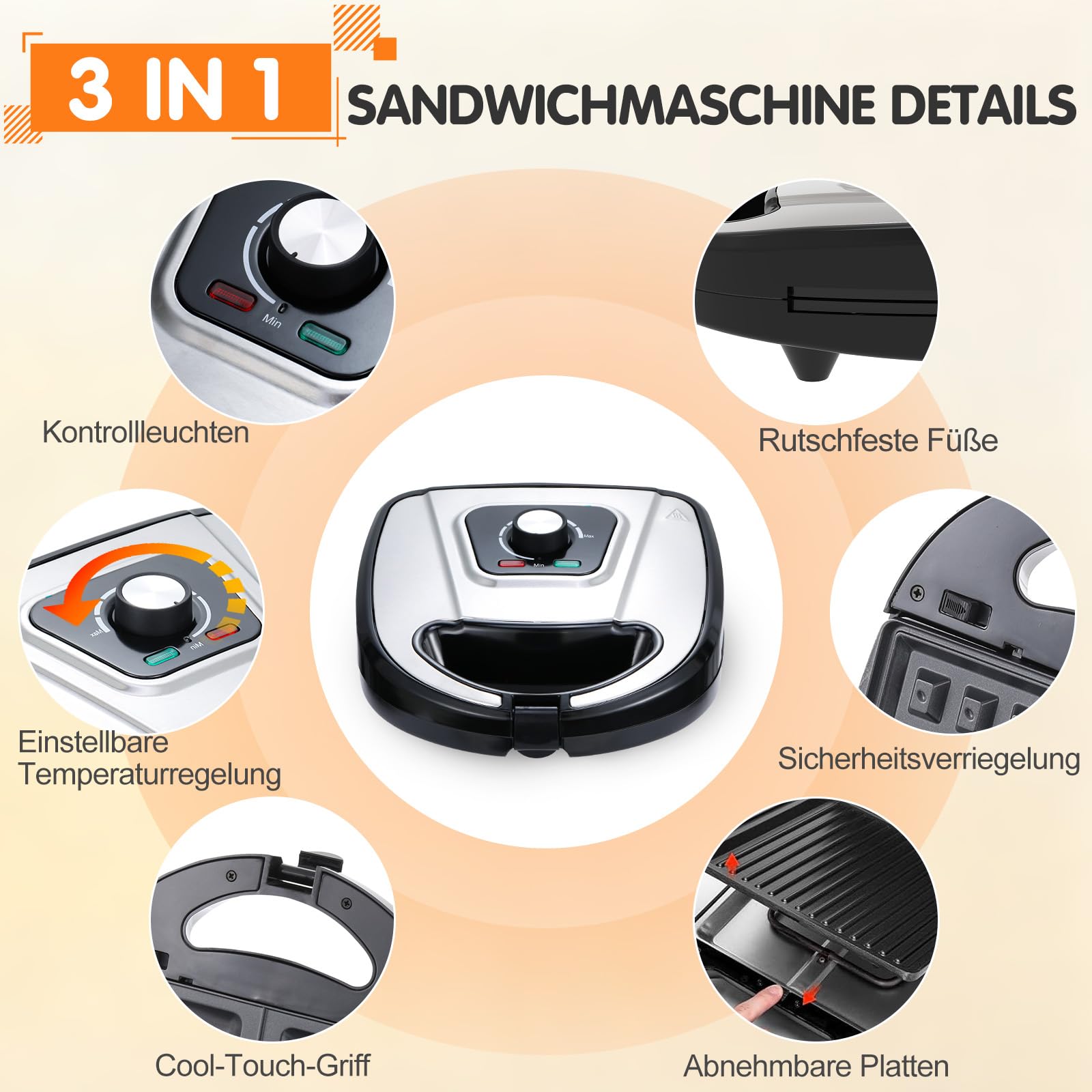 3 IN 1 Frühstücks Sandwichmaker, Elektrisches Waffeleisen | Panini-Grill, Abnehmbare Antihaft-Platten, Für Grillgerichte, Desserts, Waffeln und Sandwiches