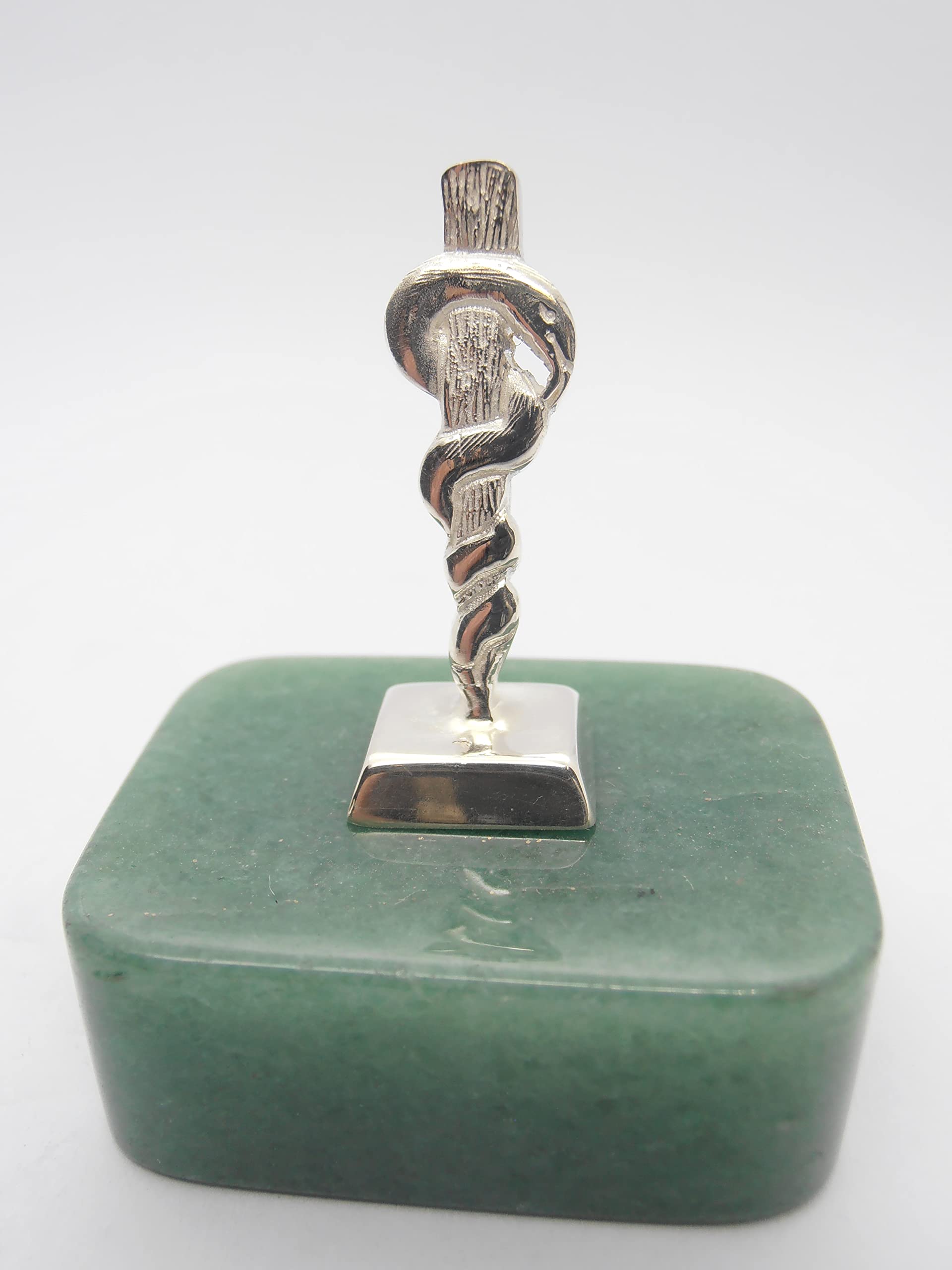 Bastone di Esculapio : Simbolo di Asclepio in Argento 925 su Avventurina Naturale Verde - Medici - Dottori - Medicina - Fermacarte - Soprammobile - Pietra Dura