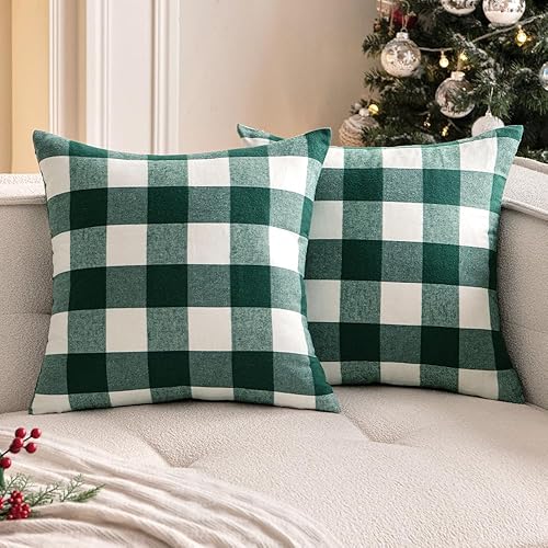 Woaboy Paquete de 2 fundas de almohada navideñas a cuadros de lino, suaves, decorativas, para sofá, dormitorio, 20 x 20 pulgadas, color verde y negro