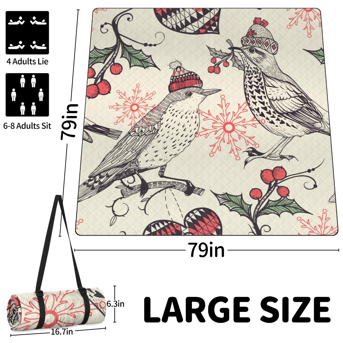 Shimoshe Extra Large Picnic Blankets 79”x 79”, Ethnic Bird Waterproof Foldable Picnic Mat with Straps Portable Beach Blanket for Camping Park Grass Beach Indoor