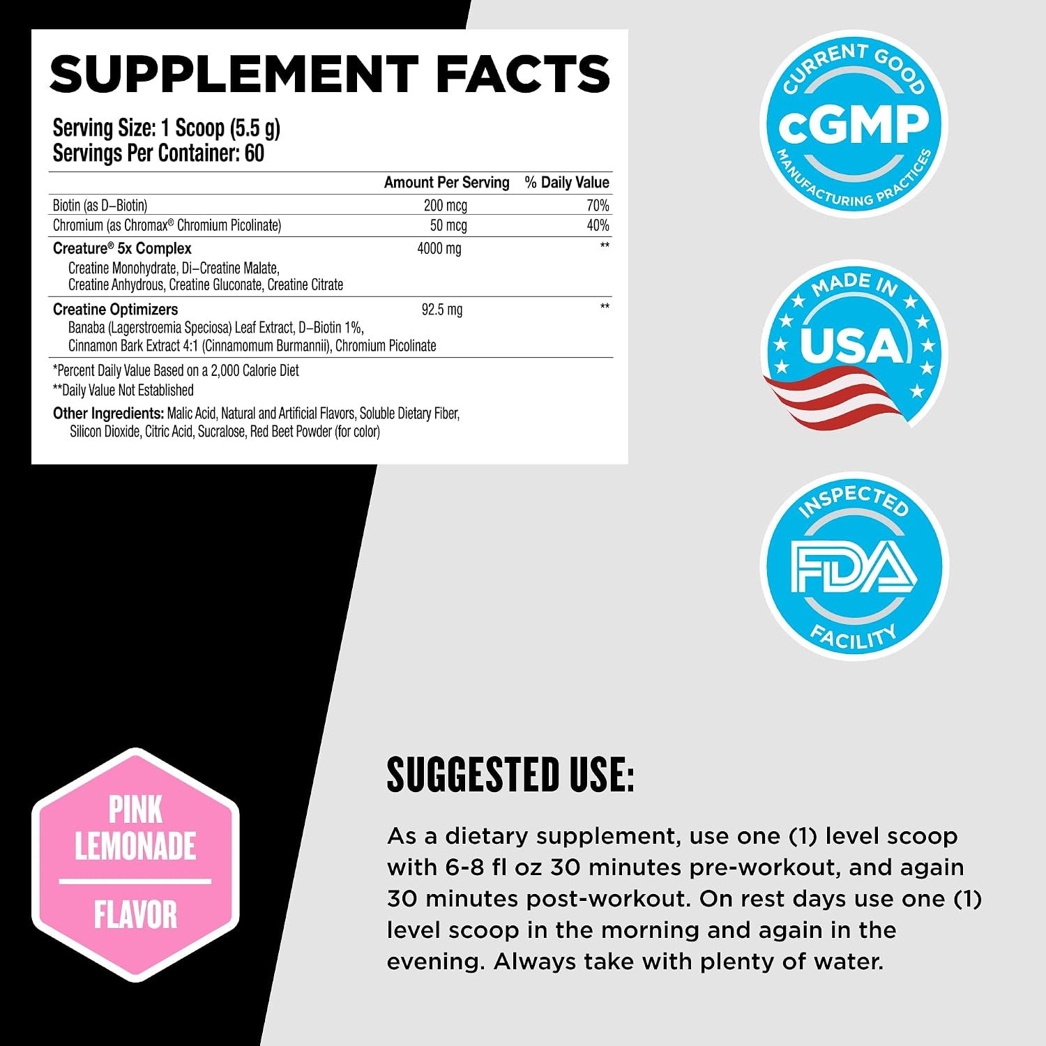 Beast Sports Nutrition Creature, Pink Lemonade - 11.64 oz - 5 Forms of Creatine + Creatine Optimizers - Improve Strength, Muscle Tone, Endurance, Recovery & Energy Production - 60 Servings