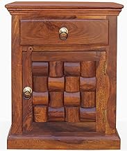 Corte Clasico Wooden Bedside Table for Bedroom | Bed Side Table | Nightstand with 1 Door Cabinet & 1 Drawer Storage | Sheesham Solid Wood | Design: Niwar Patti | Honey Finish
