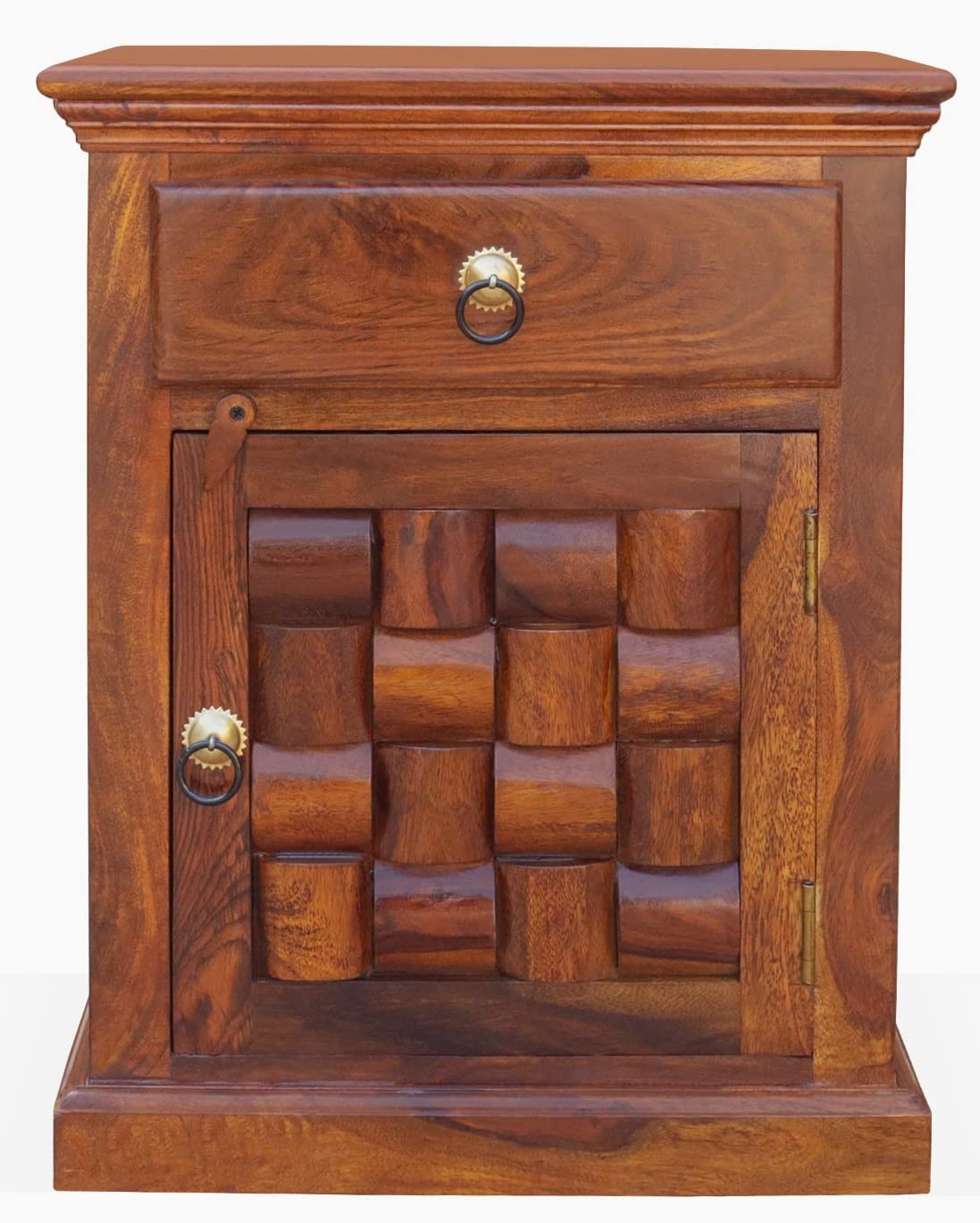 Corte Clasico Wooden Bedside Table for Bedroom | Bed Side Table | Nightstand with 1 Door Cabinet & 1 Drawer Storage | Sheesham Solid Wood | Design: Niwar Patti | Honey Finish