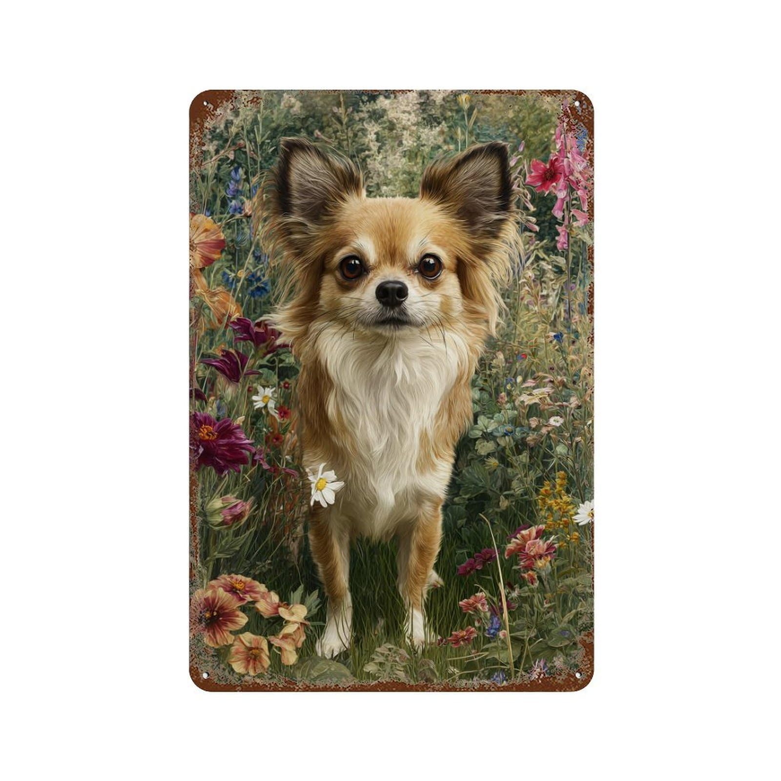 Chihuahua in Flower Garden-1 11.8"x7.9" Weathered Tin Sign, Shabby Chic Decor for Farmhouse, Kitchen And Entryway Decor