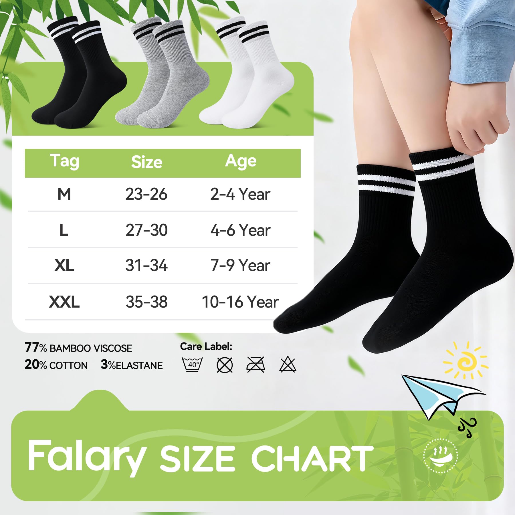 FALARY Bambú Calcetines Niño Niña Calcetines Deporte Tenis Correr 6 Pares | Negros Blancos Gris, Transpirable, Antimicrobiano, Sin Olores, Absorbe la Humedad, Cómodo, para Baloncesto Ciclismo Cotidiana