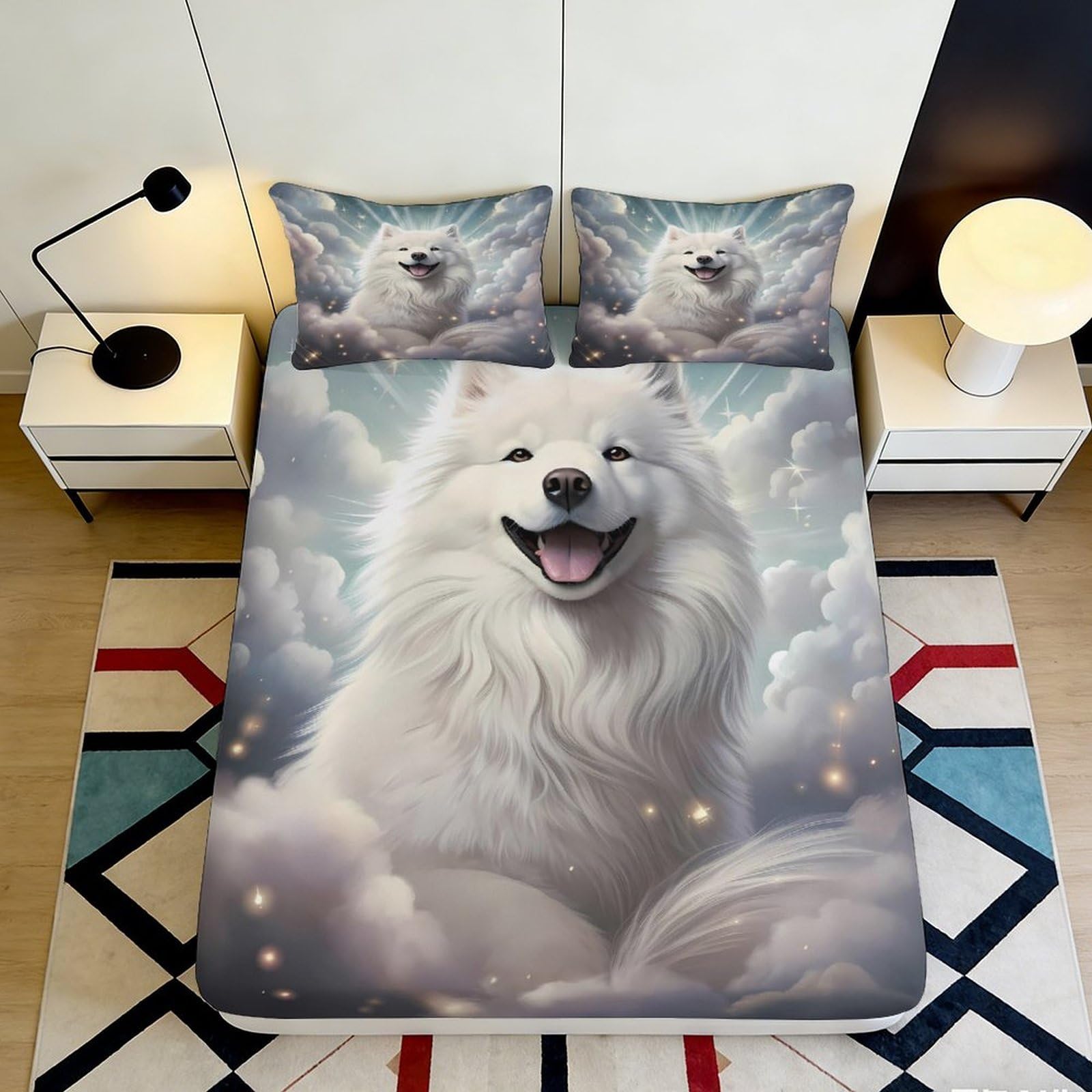 3D Printed White Samoyed Dog Fitted Sheet Microfiber Soft Anti-Slip Mattress Cover Clouds Art for Bedroom Guest Room Decor 160x200x25cm