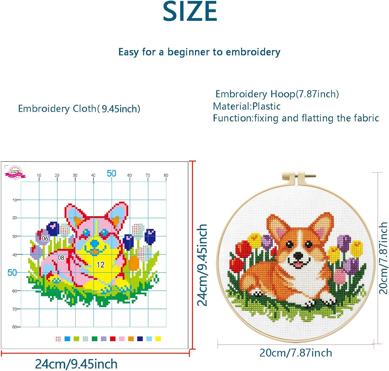 Zhenqing Corgi Cross Stitch Kit with Tulips, 11CT Printed White Cotton Fabric 24x24cm, Complete Embroidery Set with 20cm Hoop for Beginners(70790)