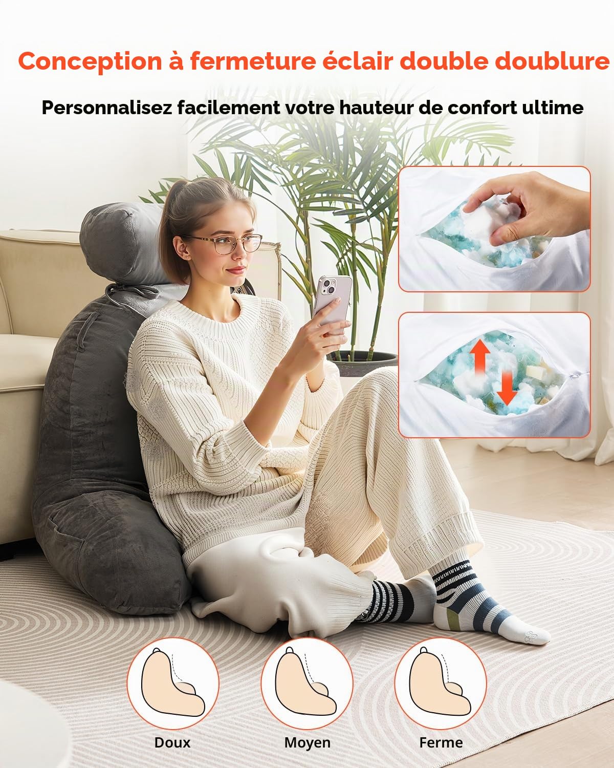 VEVOR Coussin de lecture avec appui-tête amovible, grand oreiller de lecture en mousse à mémoire de forme, avec 3 poches et tissu en velours court lavable, côtés avec poignée, pour lire et jouer, gris