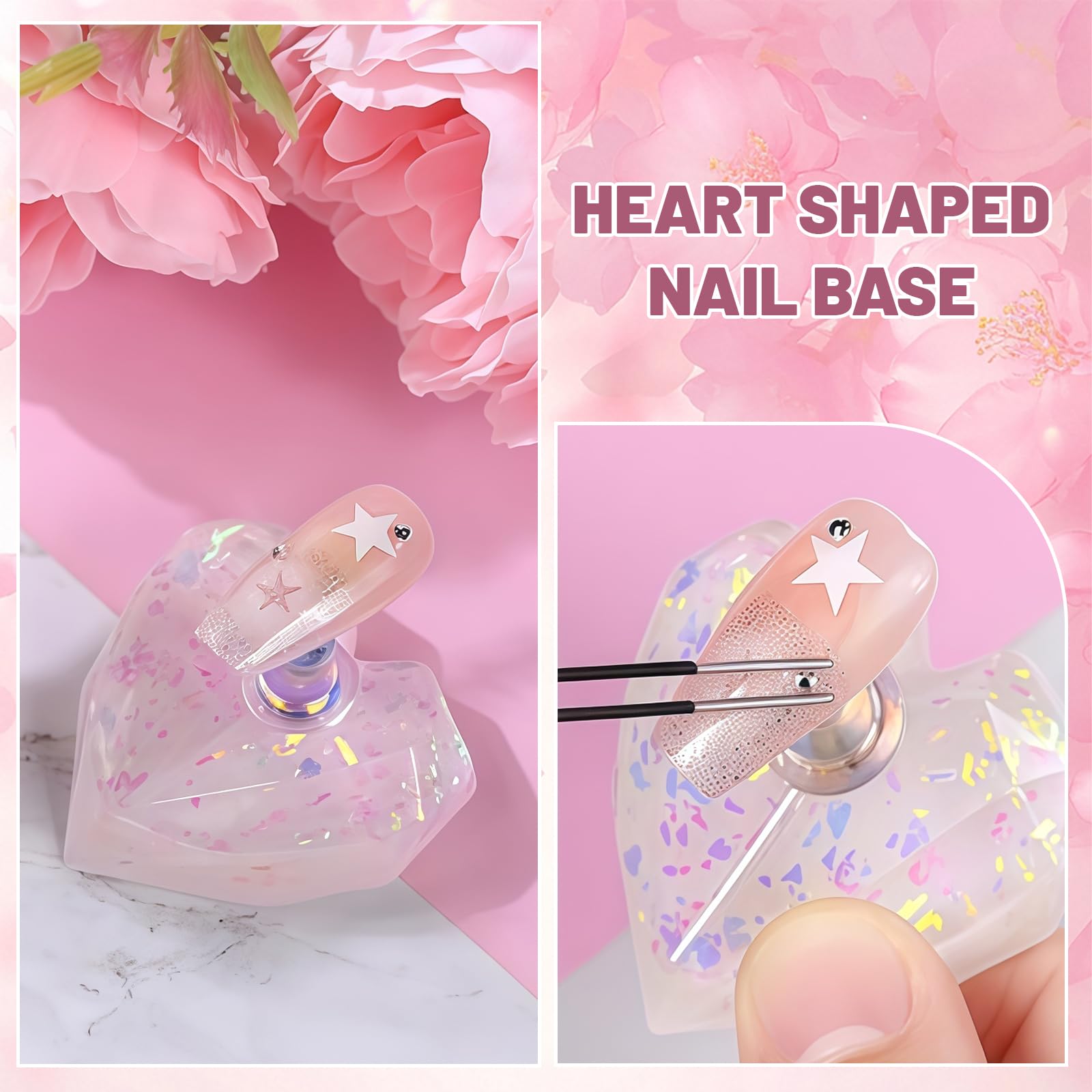 AstraGlam Nail Stand Set 2 Pieces with Heart-Shaped Base and 96 Sticky Pads - Image 4