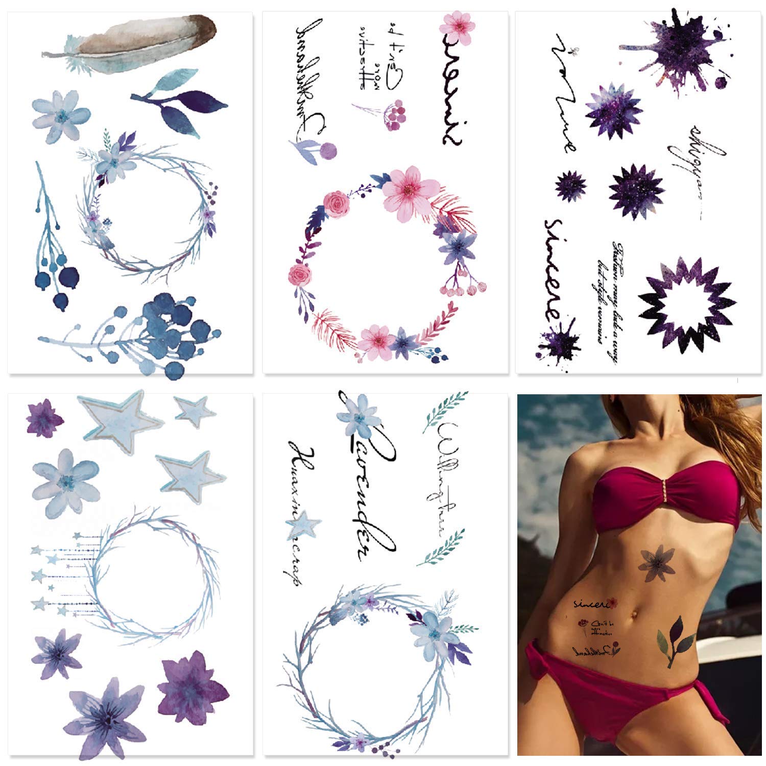 30 Sheets Watercolor Flowers Temporary Tattoos Stickers for Women Girls and Kids (A) : Beauty & Personal Care