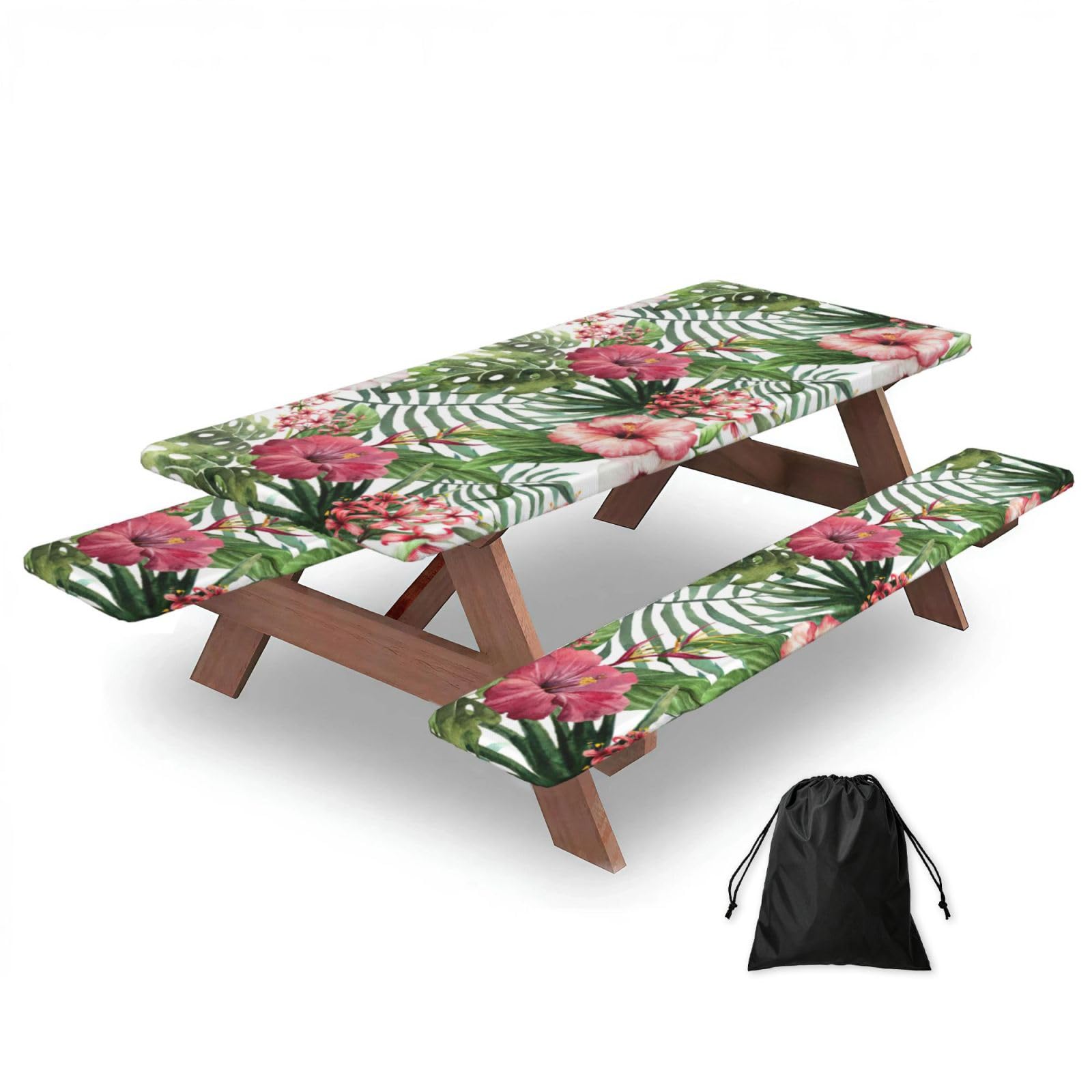 Zyjhyy Black Tropical Leaves Print 3 Pack Wipeable Picnic Bench Cover And Table Cover Lightweight Table Cloth For Camping Outdoor
