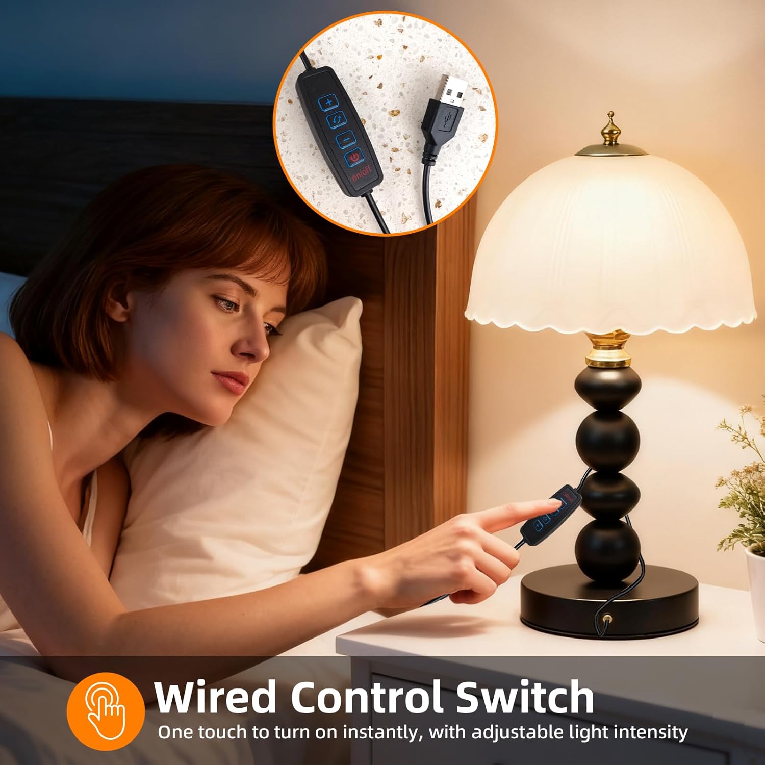 Small Vintage Table Lamp, Mushroom Lamp with Glass Shade, European-Style Bedside Light, 3-Color Dimmable Desk Lamp with Line Control Switch and Metal Base for Bedroom, Living Room, Study