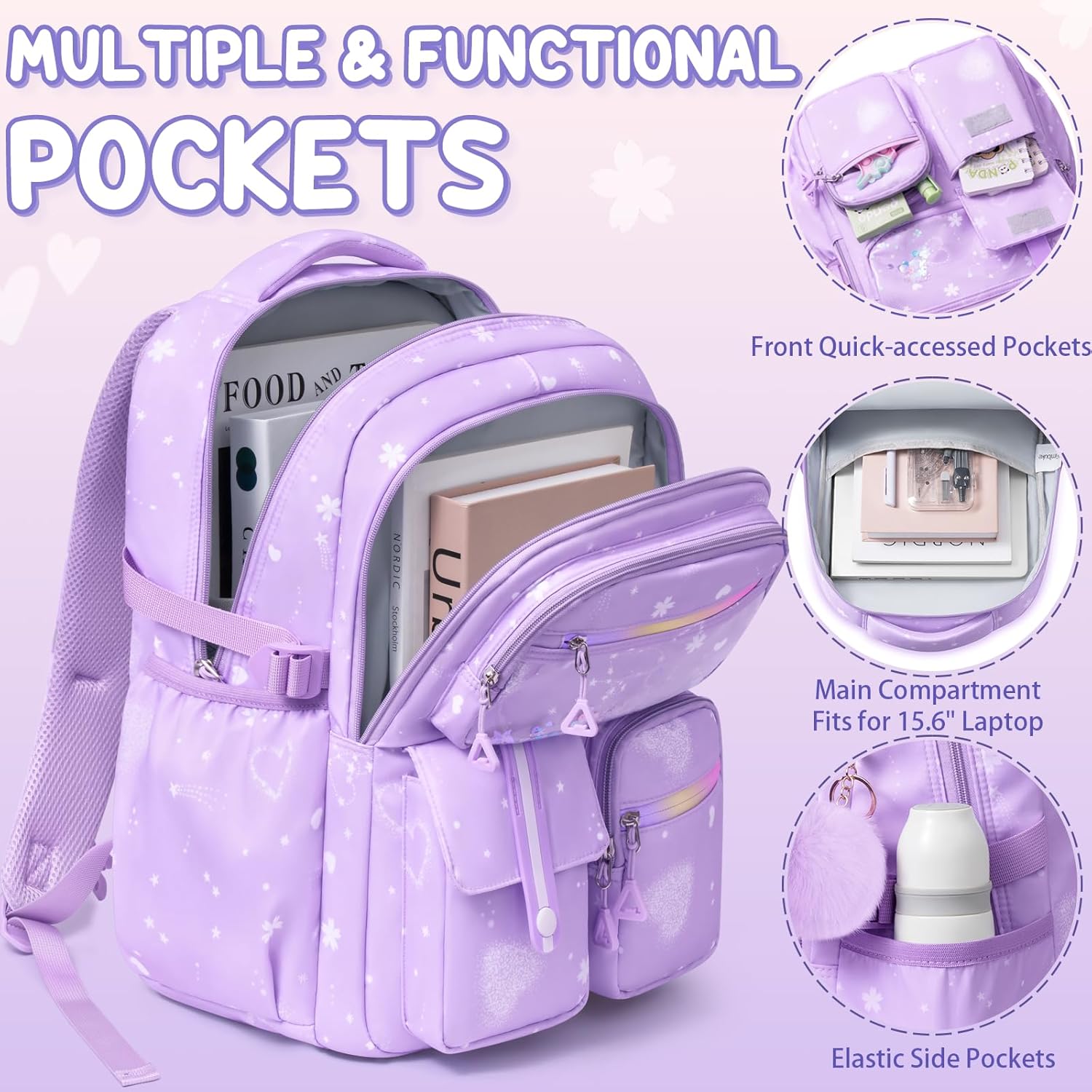 Fimibuke Backpack for Girls, 3 PCS Waterproof Kids Backpack with Lunch Box & Pencil Case Set, Cute Travel Bookbag School Bag for Kindergarten Elementary Middle High School Student Toddler Kids Teens - Image 5