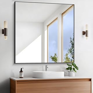 Leyden Bathroom Mirror 36x36 inches, Large Square Wall Mirror with Black Aluminum Frame, Vanity Mirror for Bathroom Bedroom Living Room Entryway Decor