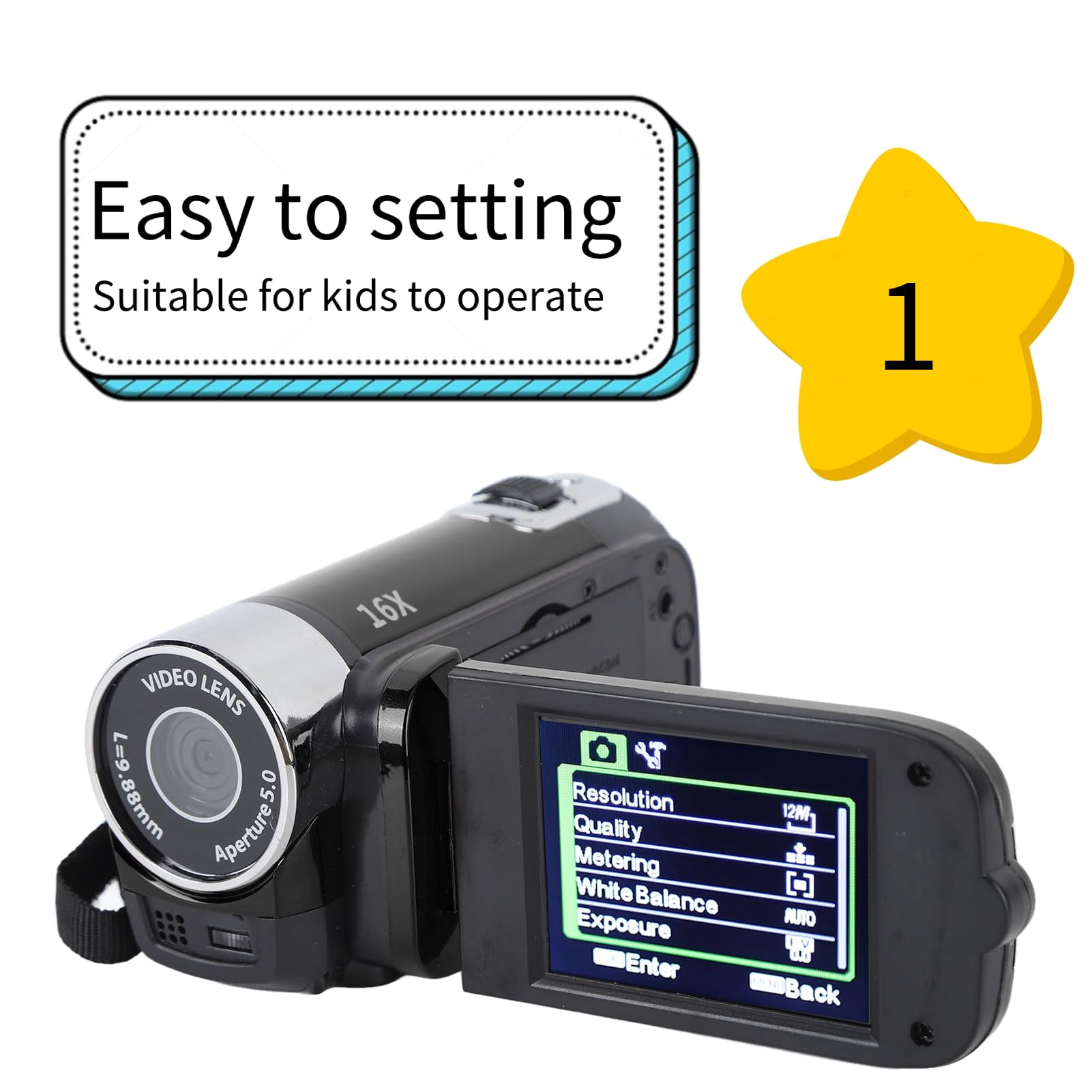 Kids Videokamera-Camcorder, Vlogging Kamerarecorder, Fülllicht, Eingebautem Lautsprecher, Support 32GB Expandable(Schwarz)