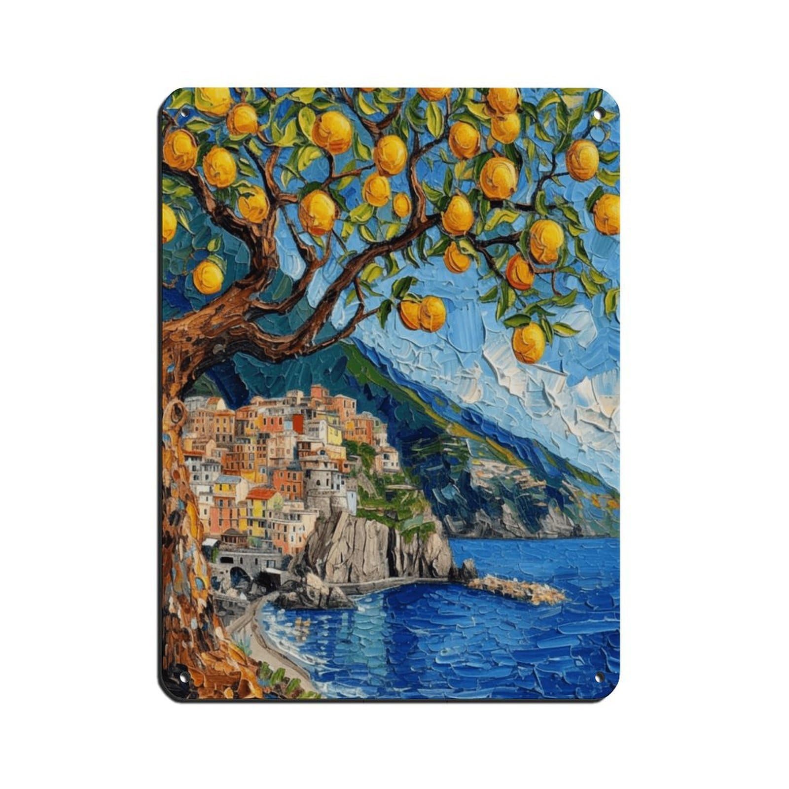 Van Gogh Inspired Amalfi Coast Lemon Tree Wall Art Tin Sign Vintage Metal Pub Club Cafe Bar Home Wall Art Decoration Poster Retro 12x16inch(30x40cm)