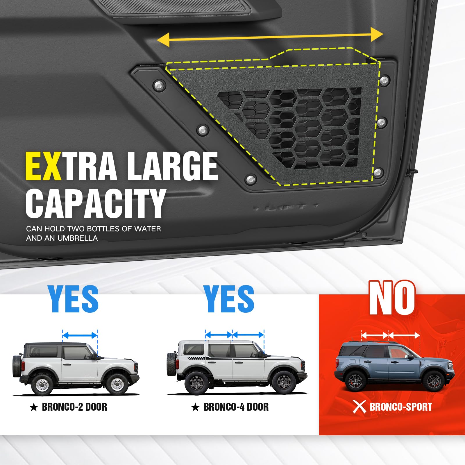 YZONA Front Door Storage Pockets Box Compatible with Ford Bronco 2021 2022 2023 2024 2025, Cup Holder Door Side Organizer Molle Panels Expansion Interior Accessories (2/4 Doors, Black, 2 PCS)