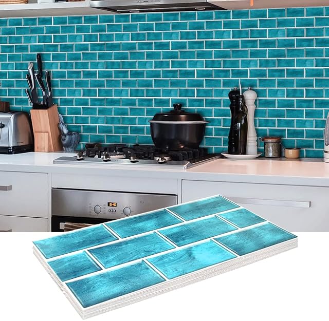 CAEEKER Blue Brick Tile Stickers, 12 Sheets Self Adhesives Wall Tile Transfers Sticker Waterproof Vinyl Stick on Tiles Splashback Peel and Stick Backsplash PVC Tile Decals for Kitchen Bathroom-30x15cm