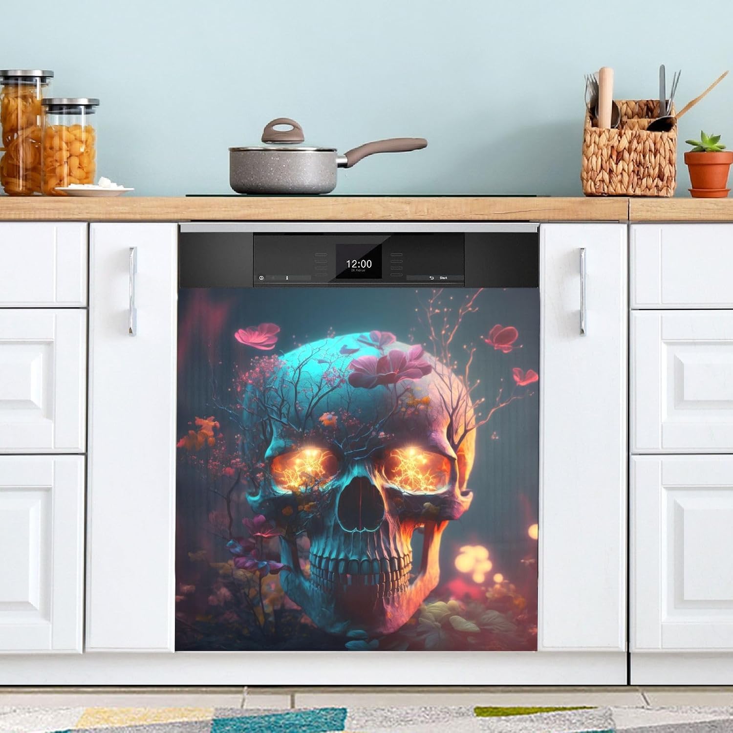 Vnurnrn Evil Skull Skeleton Dishwasher Magnet Cover, Dish Washer Cover for Kitchen Decor, Easily Trimmable Dishwasher Sticker Refrigerator Magnetic Cover 23×26 in