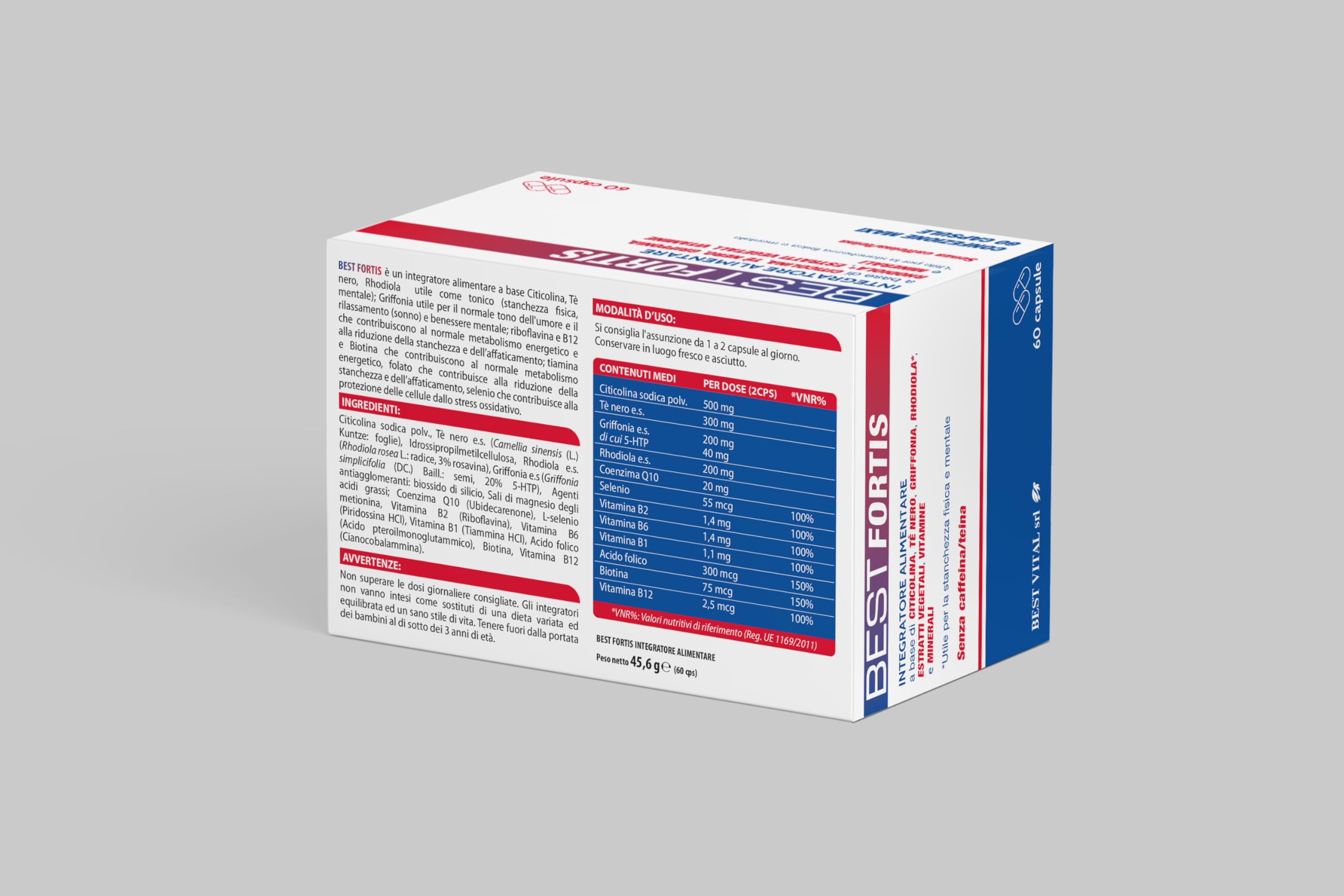 Best Fortis Nuova Formula - Integratore Alimentare a Base di Citicolina, Tè Nero, Griffonia, Rhodiola e Vitamine, 60 Capsule
