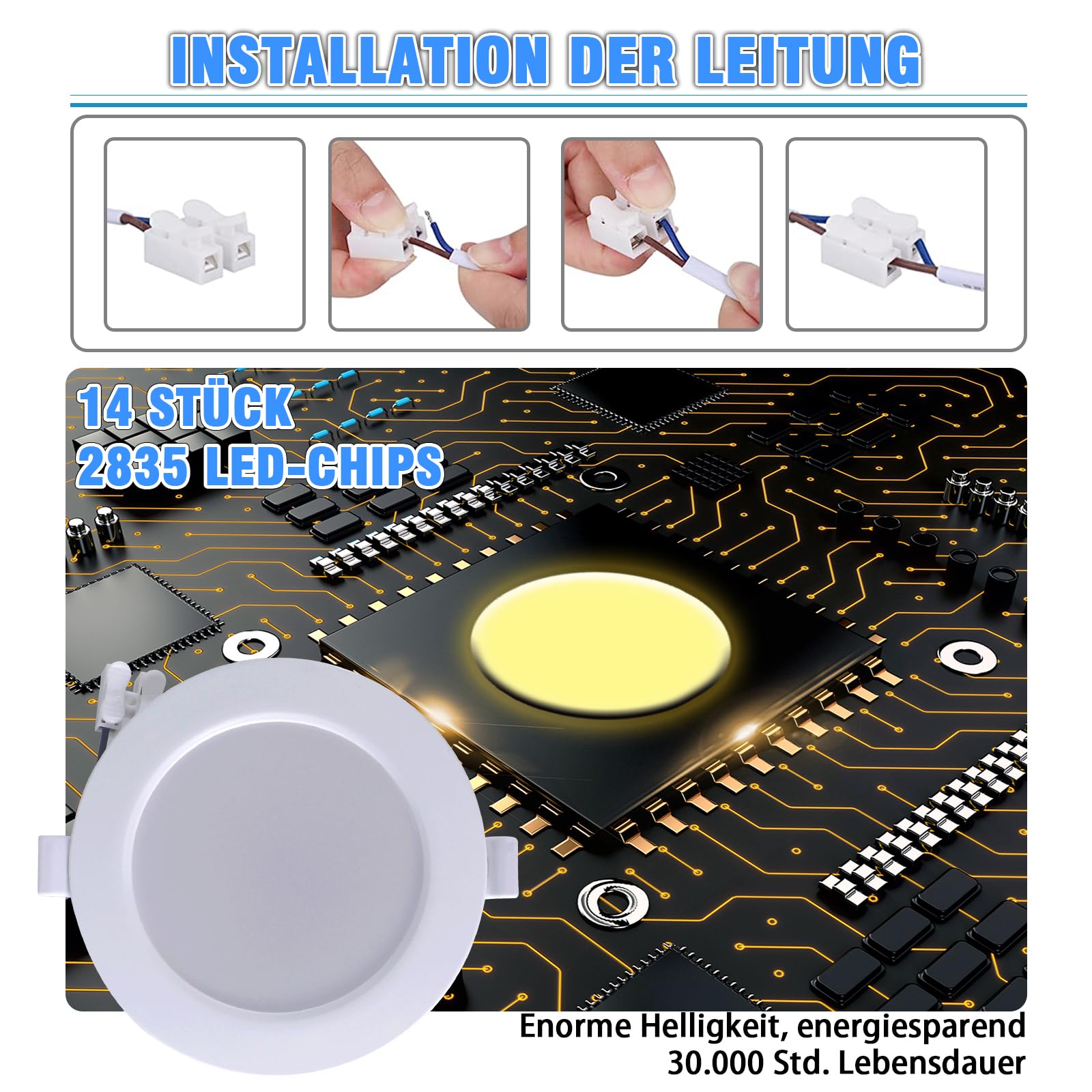 WeshLMPO LED Einbaustrahler 230V Flach 6er Set, 4W Deckenstrahler LED Spots, IP44 Deckenspots Led Einbauleuchten 350 Lumen Warmweiß 3000K, für Schlafzimmer Badezimmer Wohnzimmer Küche