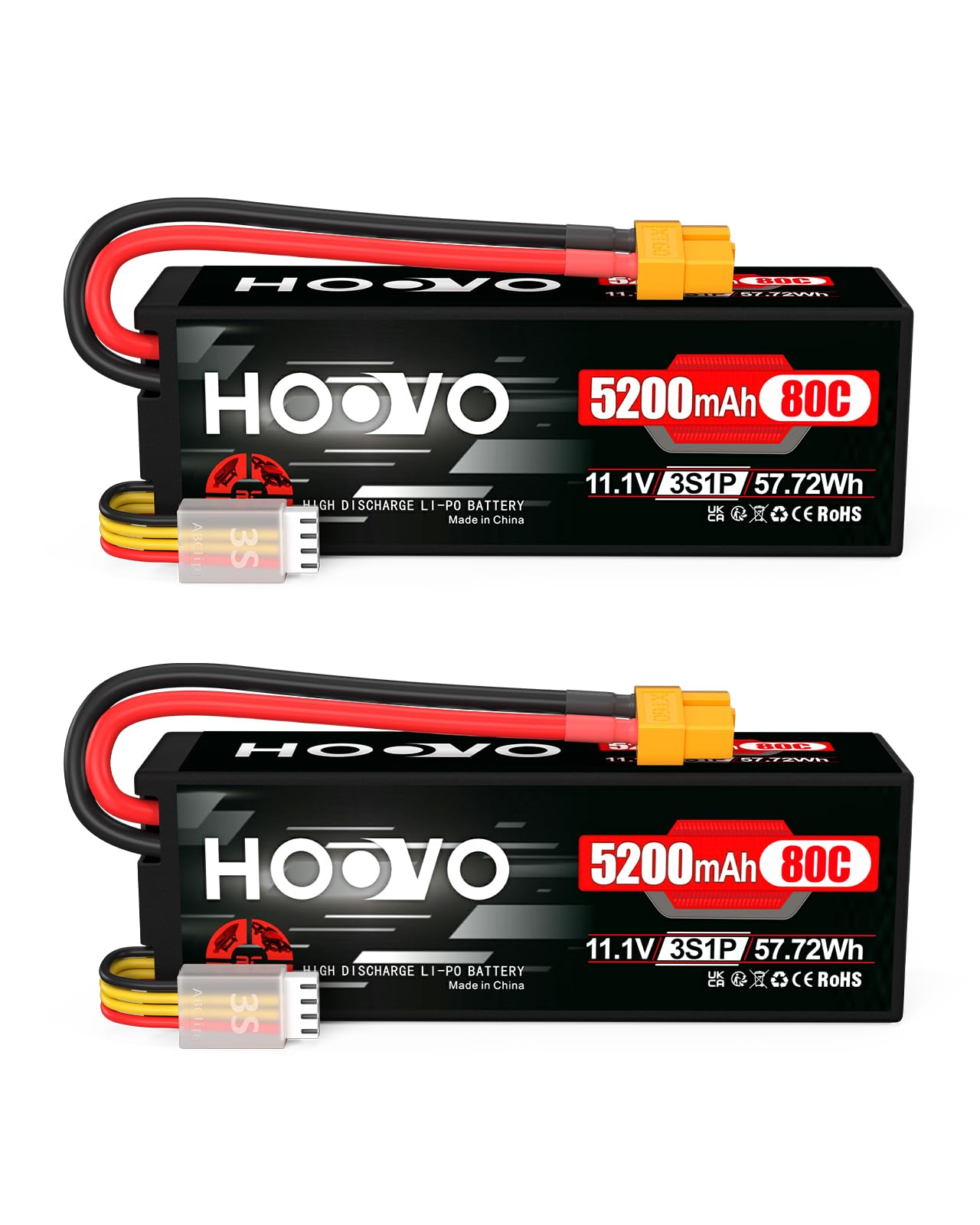 HOOVO lipo battery 3S 11.1V 5200mAh 80C with XT60 plug Hardcase 2PCS Rechargeable RC Lithium polymer battery for 1/8 and large1/10 Monster Trucks FPV Fixed-Wing Helicopters RC boat