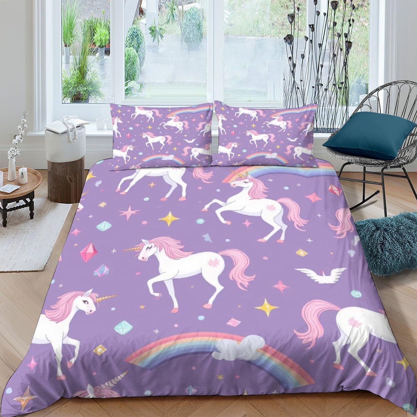 Ctjqhvkz Style-9 3D Printed Purple Unicorn Rainbow Fitted Sheet Microfiber Soft Bed Sheet Pastel Star Mattress Cover Bedroom Decor Single（135X200cm）