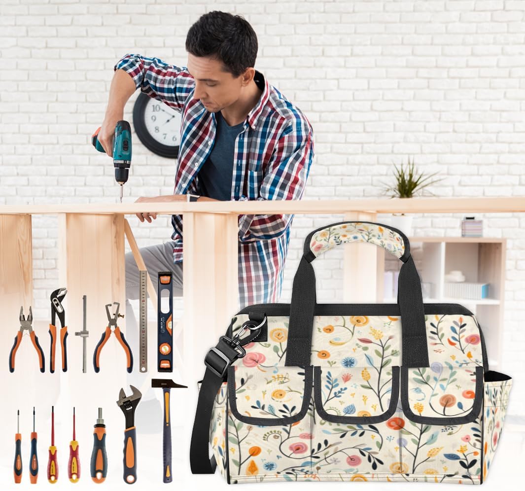Whimsical Floral Pattern Heavy Duty Tool Bag 14.8 Inch for Men, Wide Mouth Garden Tool Storage Bag with Adjustable Shoulder Strap, 14 Pockets Tool Bag Organizer for Construction, Gardening