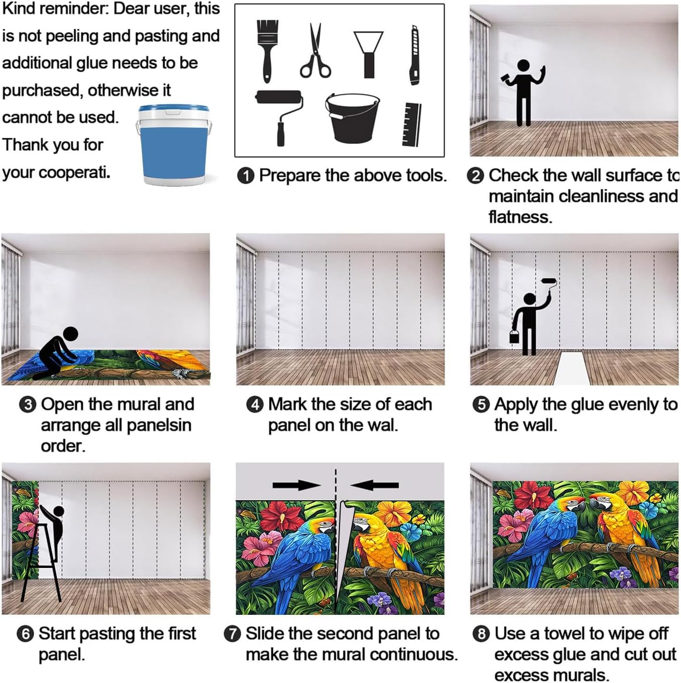 Parrot Wall Murals, Tropical Leaf Wallpaper, Birds and Flower Wallpaper for Bedroom Living Room, 3D Printed Background Wall Decor (Not Peel and Stick)