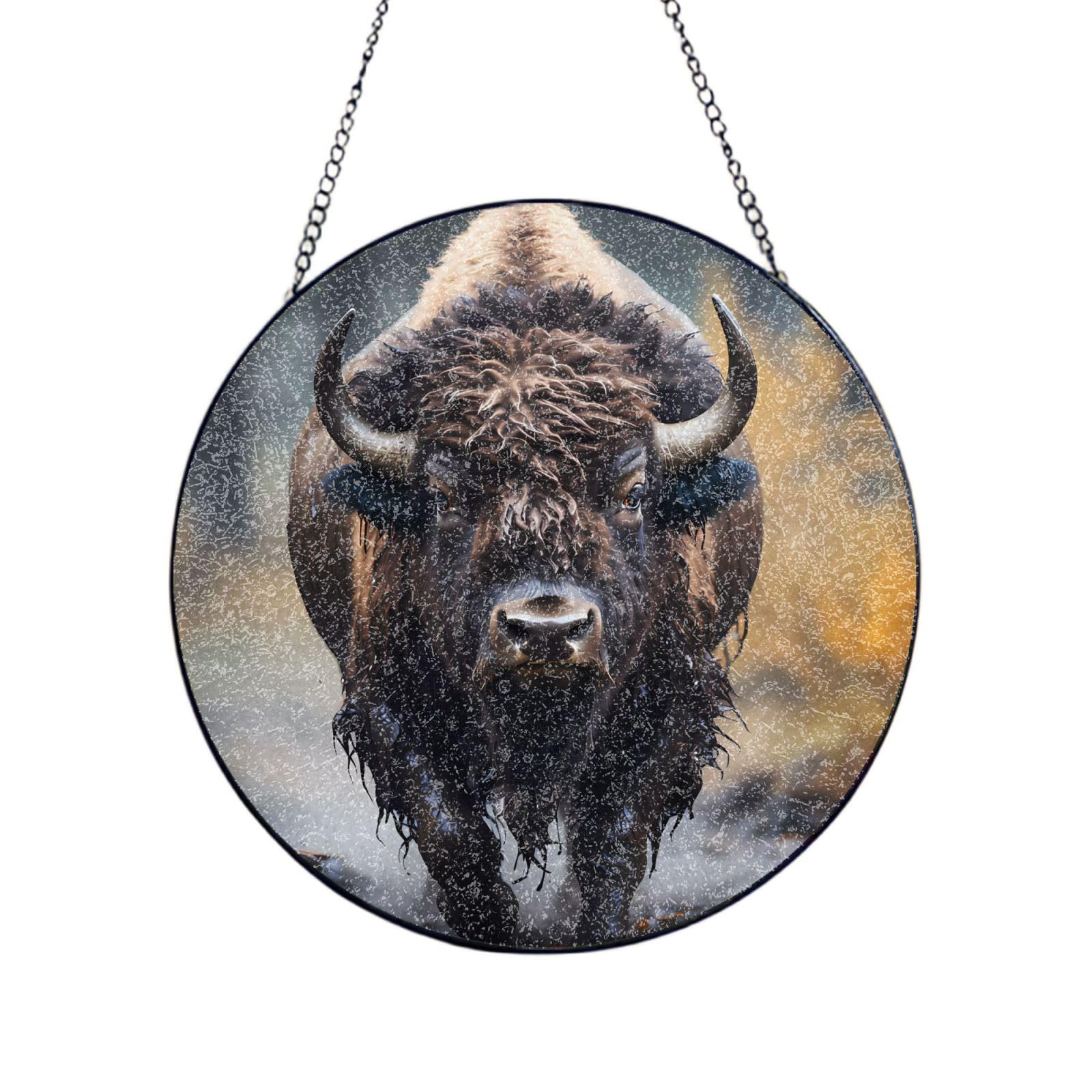 Phayah North American Bison Print Glass Window Hanging Sun Catchers Suncatcher Decor For Birthday For Home Garden Porch 10in（25cm）