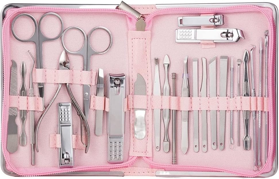 COOVS Professional Nail Tools Sets Steel Nail Clippers Pedicure Kit Multifunctional Portable Manicure Cutter Nail Set (Color : 26pcs-Pink)